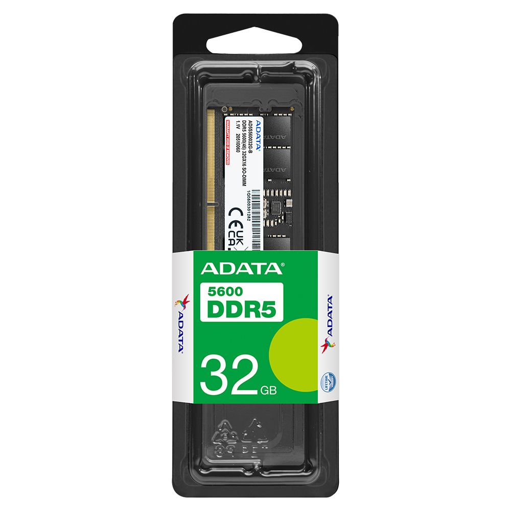 ADATA DDR5 32GB RAM in Verpackung. Merkmale sind '5600 DDR5' und '32GB'. Die Verpackung ist schwarz mit weißen und grünen Etiketten.