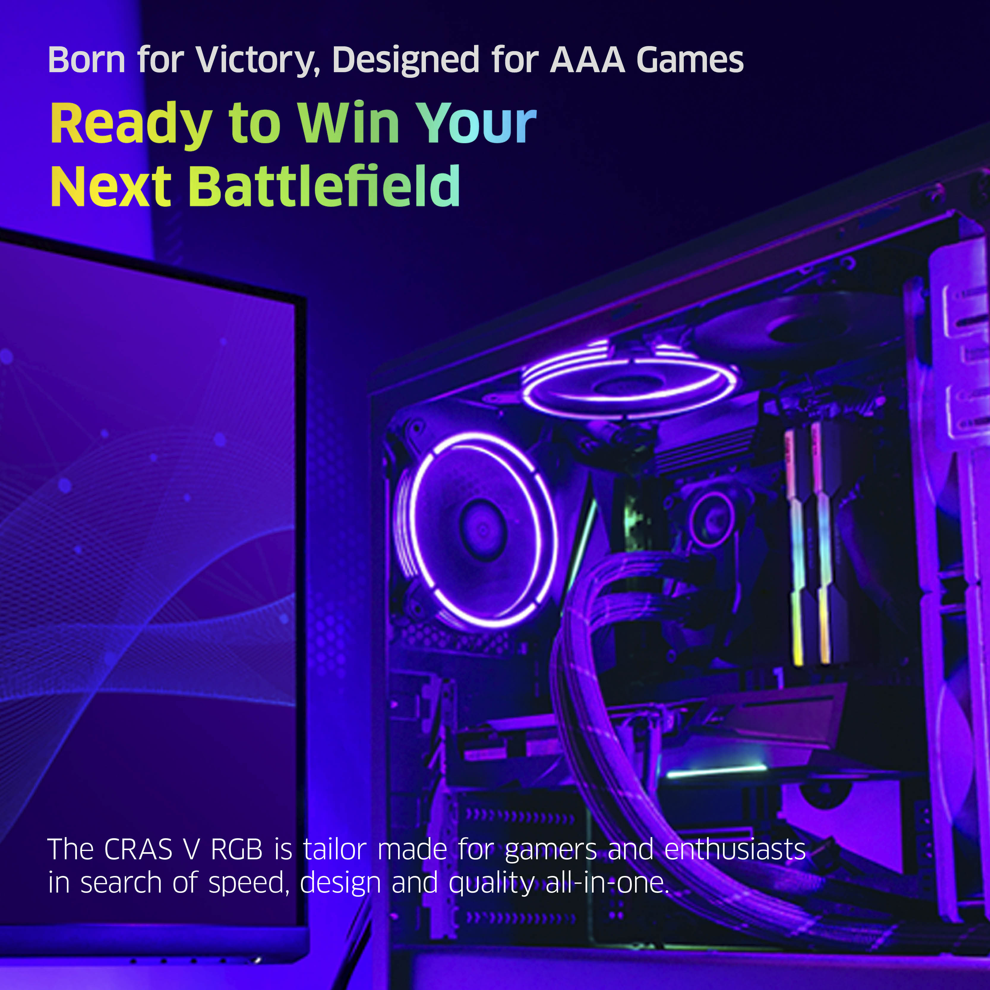 A computer case with purple lights. Text says 'Ready to Win Your Next Battlefield'. It is for gamers.