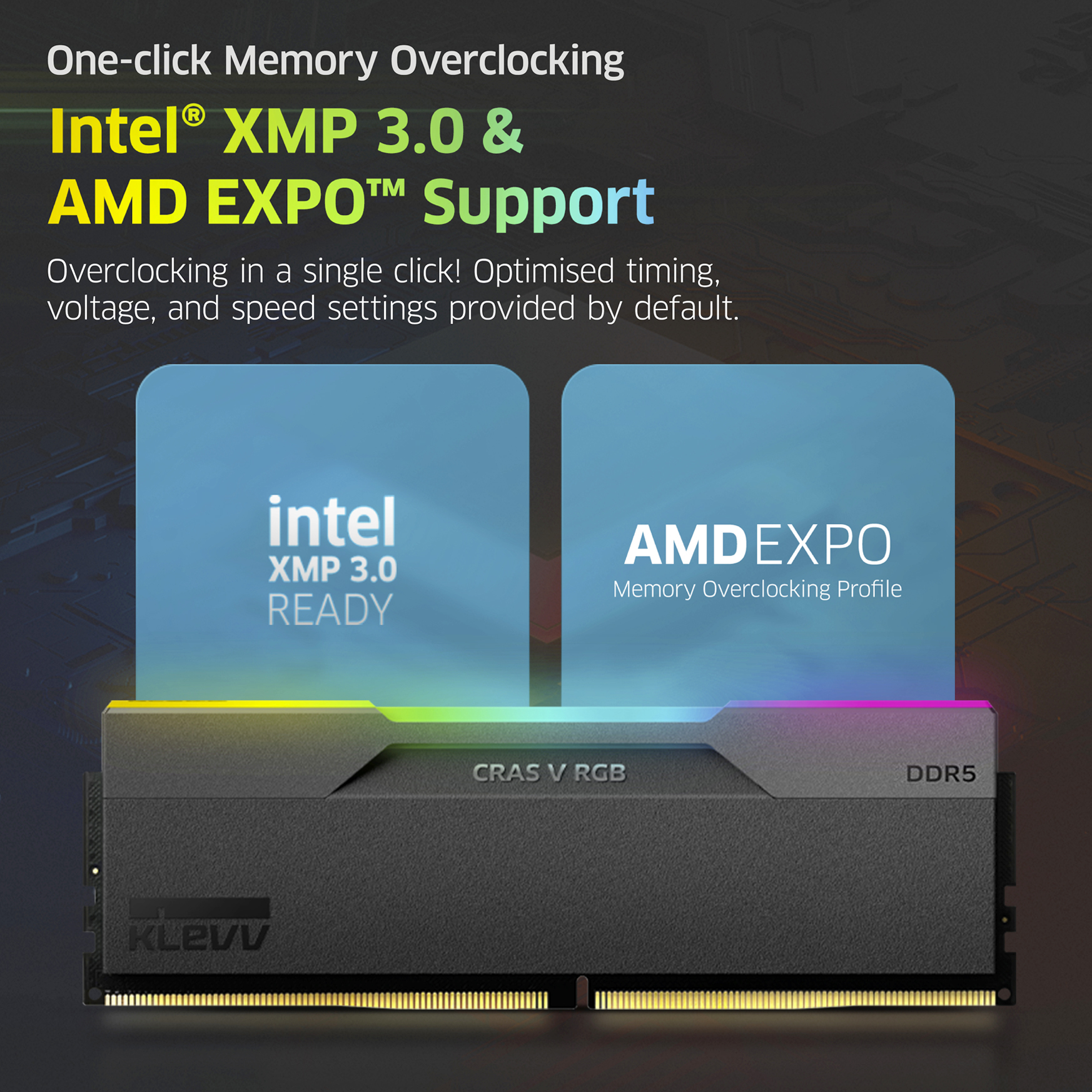 Image shows a RAM stick with Intel and AMD logos, promoting memory overclocking with a single click.