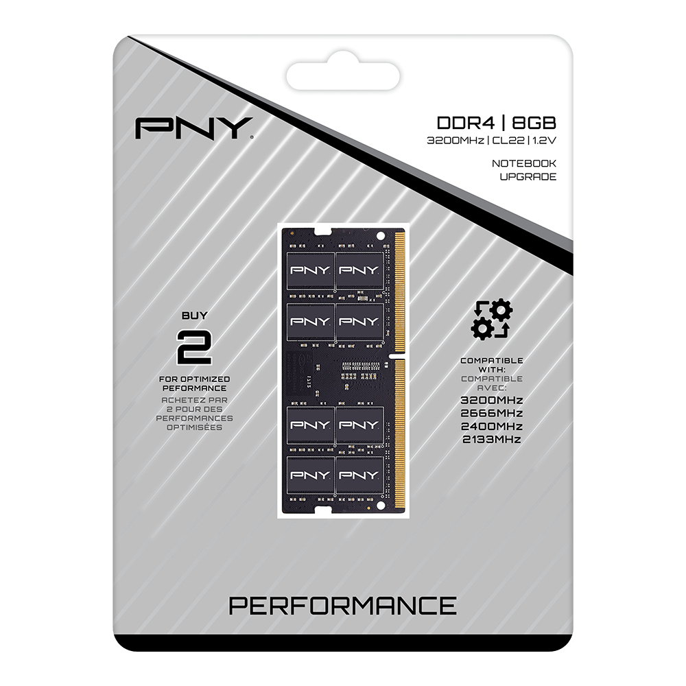 Modulo RAM PNY DDR4 da 8 GB in confezione. Caratteristiche: 3200 MHz, aggiornamento notebook e dettagli di compatibilità. La scheda è nera e oro.