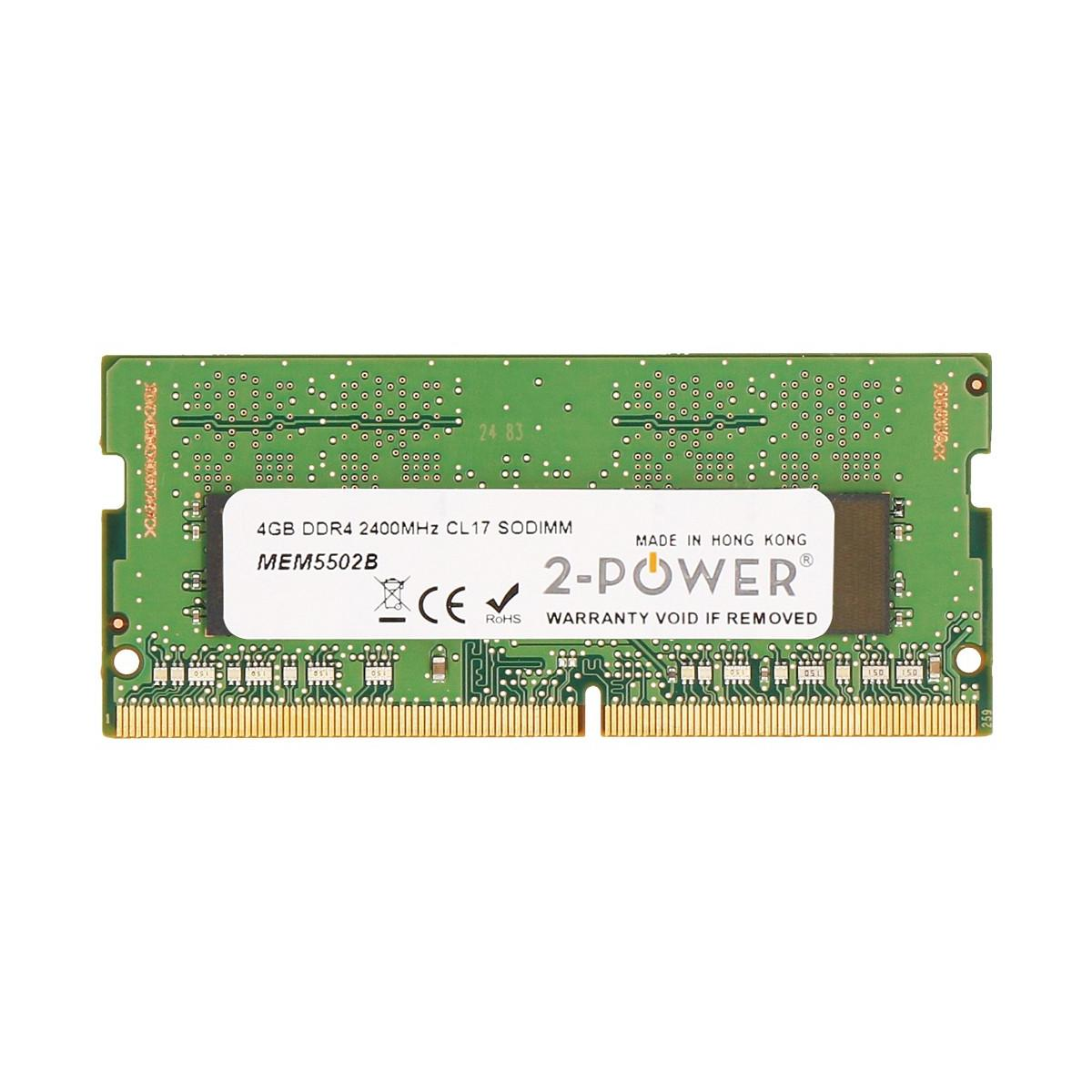 Un modulo RAM verde con pin dorati. Il testo include "4GB DDR4", "2-POWER", "Made in Hong Kong" e altri marchi.