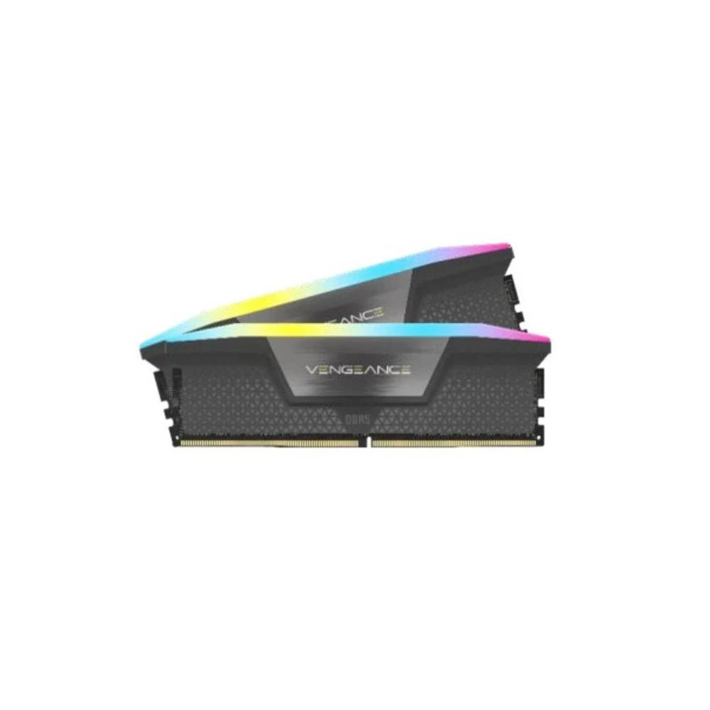 Zwei DDR5-RAM-Riegel mit Texten wie 'VENGEANCE' und 'DDR5'. Sie haben eine schwarze Basis und einen bunten Lichtbalken.