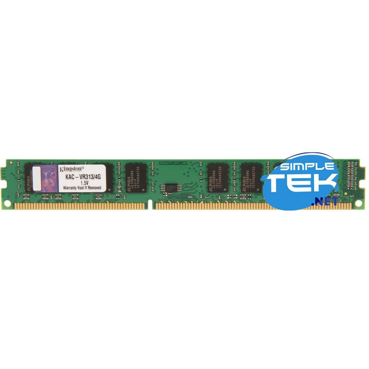 Un modulo RAM Kingston KAC-VR313/4G verde. Ha chip e un logo Simple Tek. Il testo include 'Garanzia Annullata Se Rimossa'.