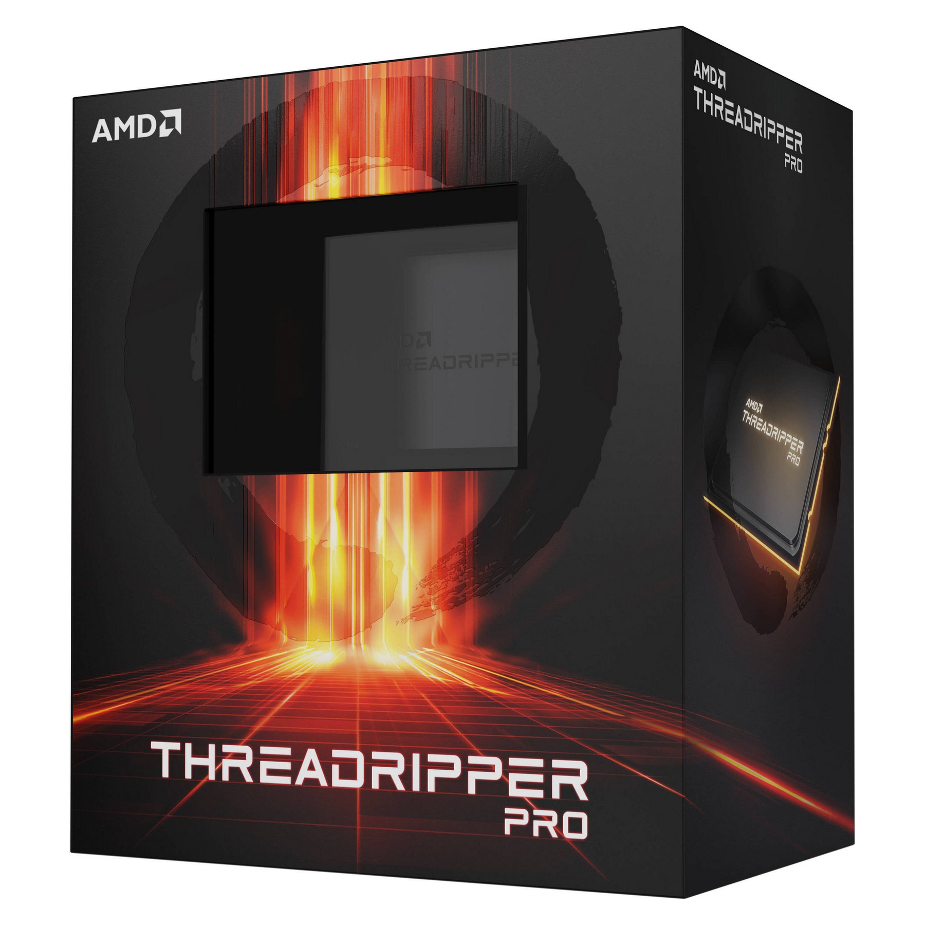 Pudełko AMD Threadripper Pro. Czarny i pomarańczowy design z widocznym procesorem. Logo AMD i szczegóły produktu.