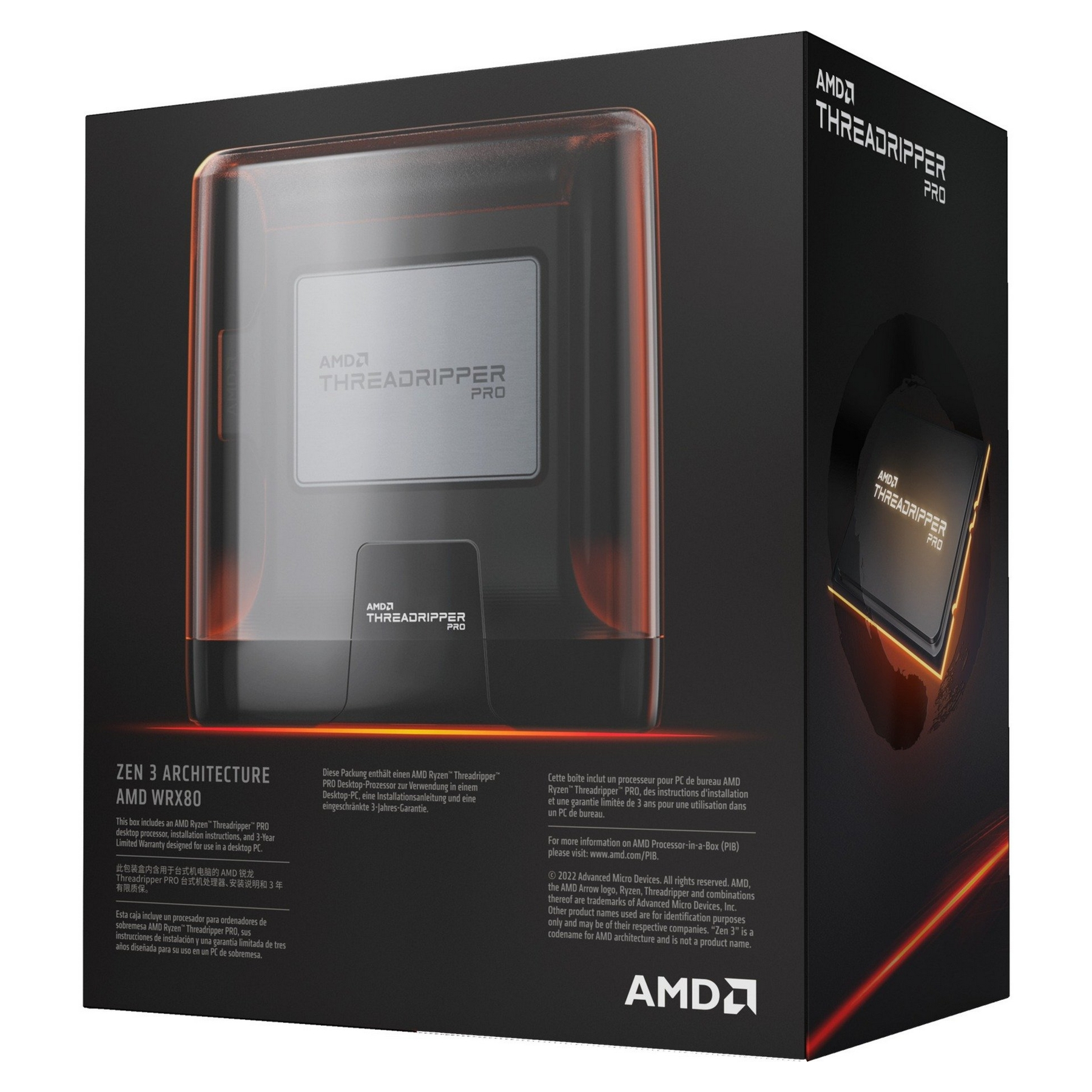 Pudełko z procesorem AMD Threadripper PRO. Przezroczysta pokrywa, pomarańczowe akcenty i obraz procesora.