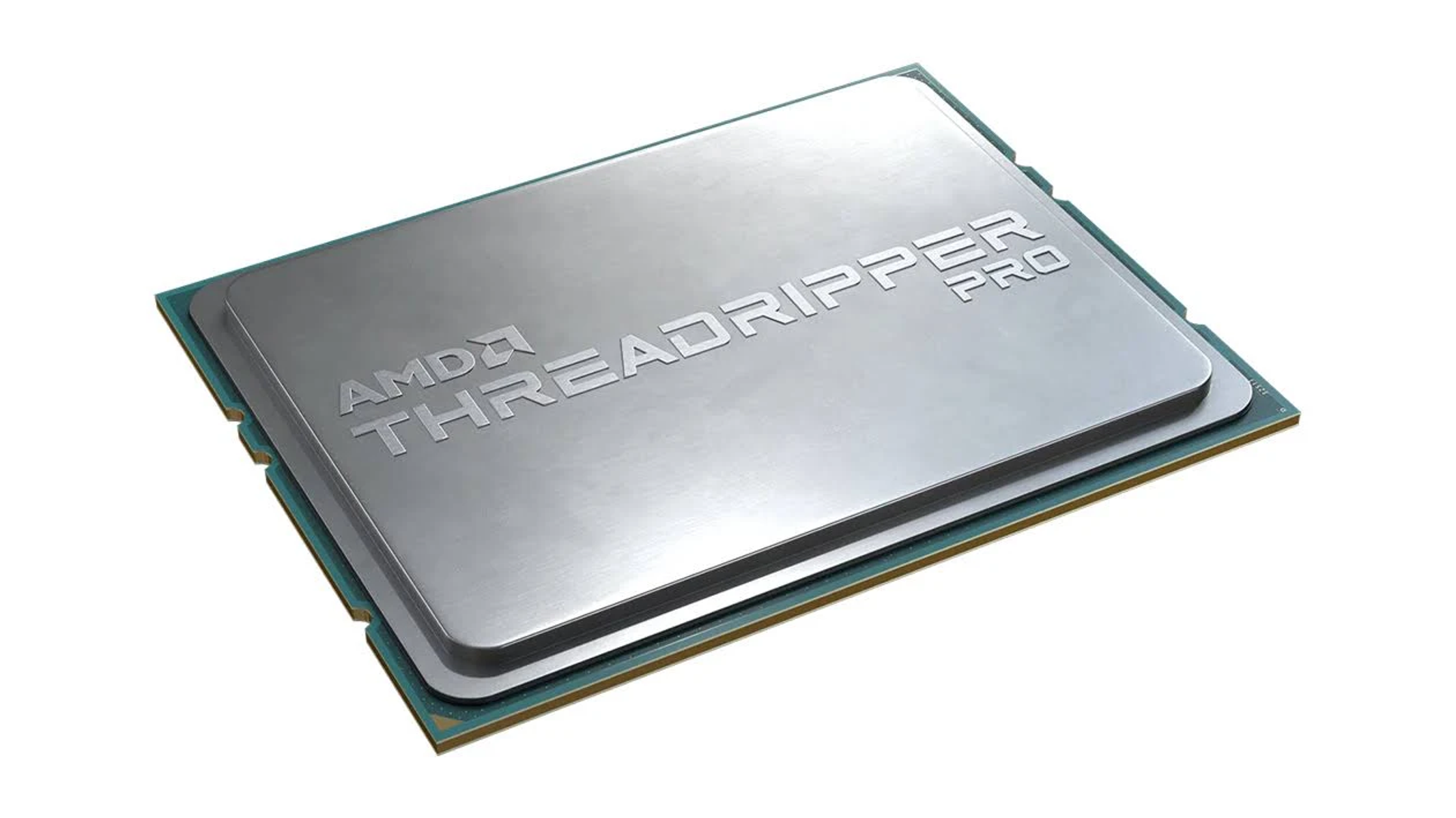 Srebrny procesor AMD Threadripper PRO na zielonej płytce, z logo AMD i nazwą produktu.