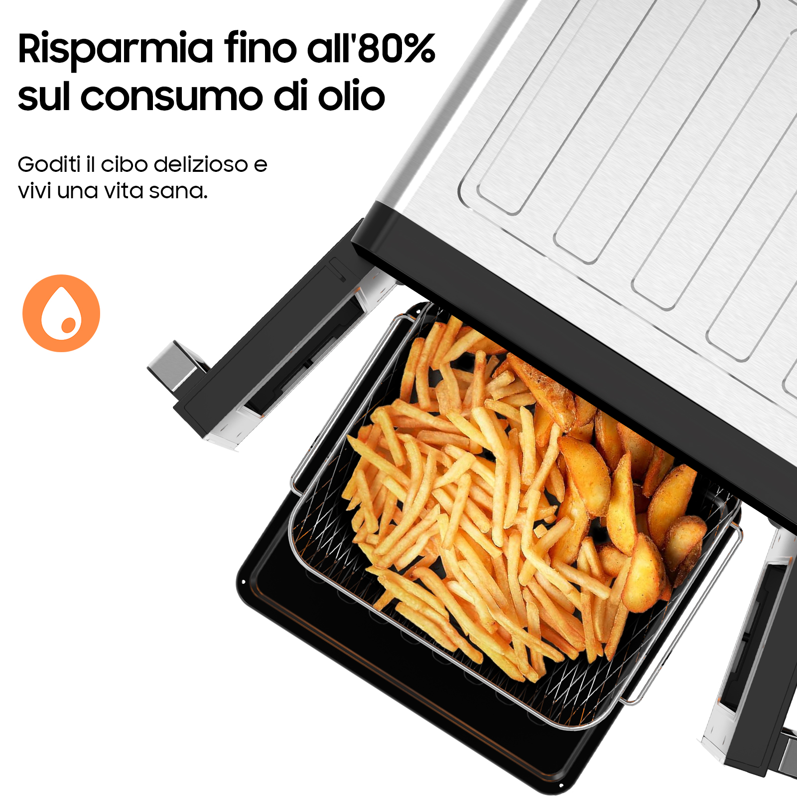 Una friggitrice ad aria con patatine fritte. Testo: Risparmia fino all'80% sul consumo di olio. Goditi cibi deliziosi e vivi sano.
