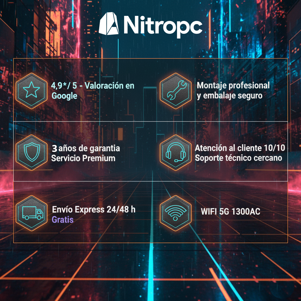 Obraz z logo Nitropc i funkcjami: ocena Google, profesjonalny montaż, 3 lata gwarancji, obsługa klienta, szybka wysyłka i Wi-Fi.