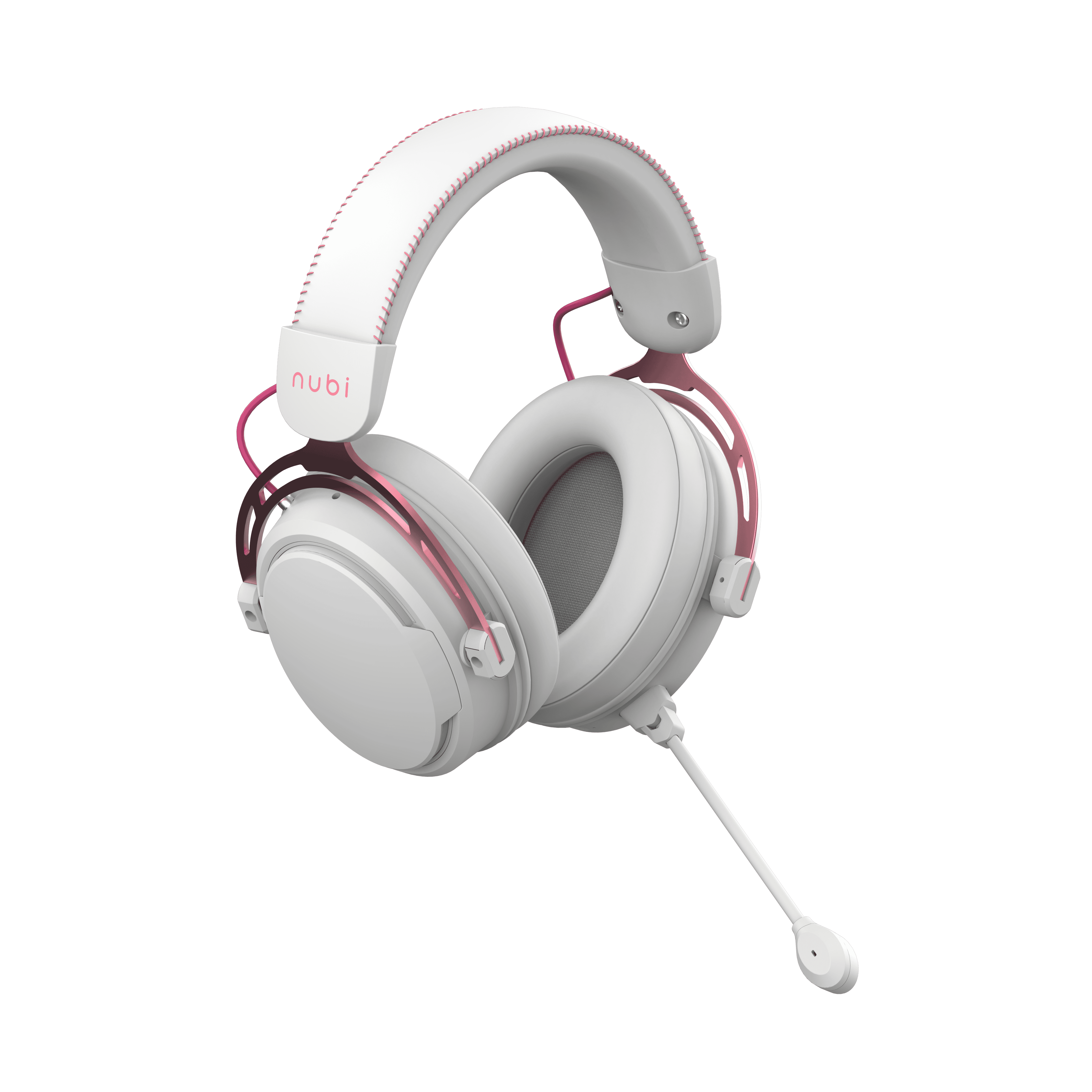 Cuffie da gioco bianche e rosa con microfono. Le cuffie hanno una fascia imbottita e padiglioni con dettagli rosa.