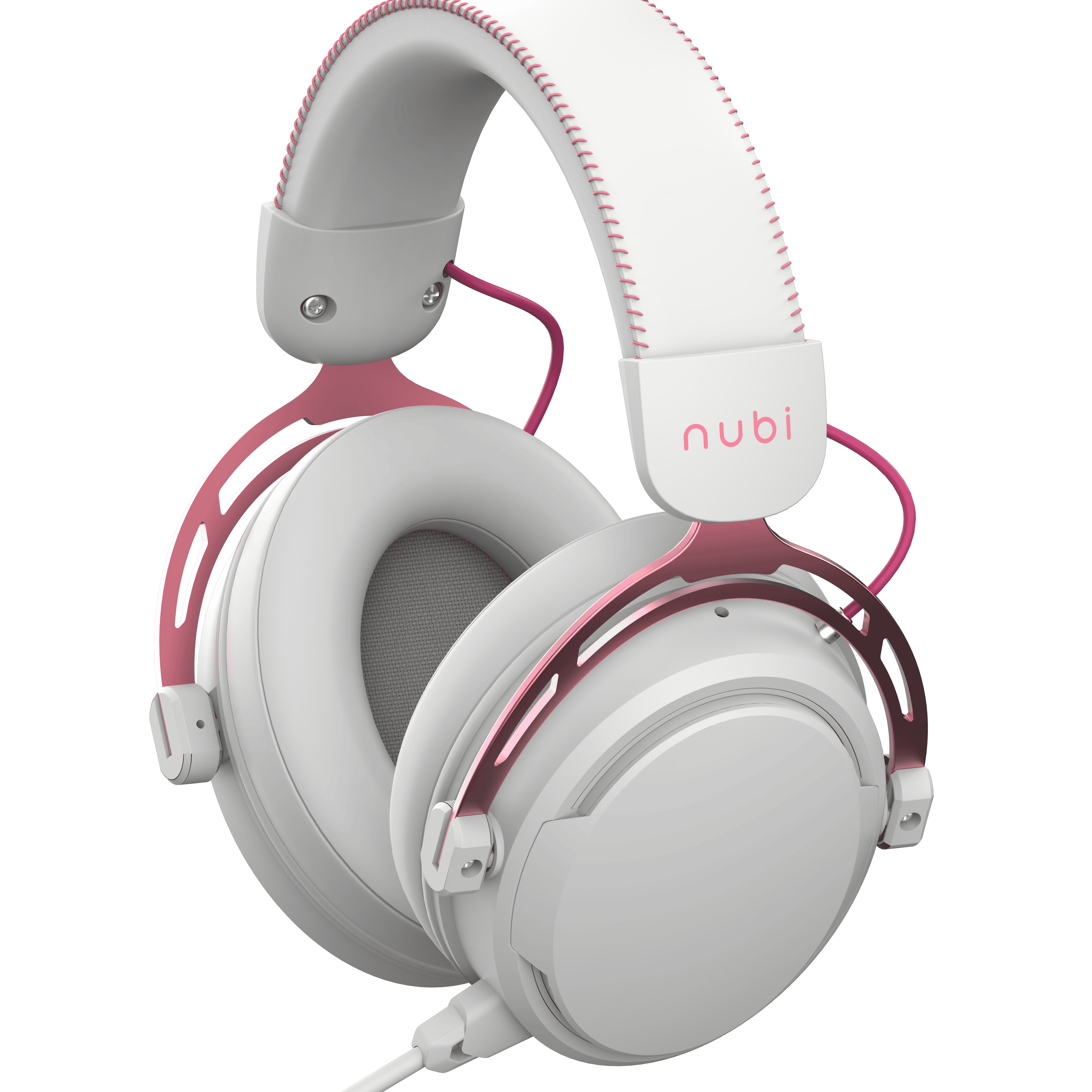 Cuffie bianche e rosa con la scritta 'nubi' sulla fascia, su sfondo nero.