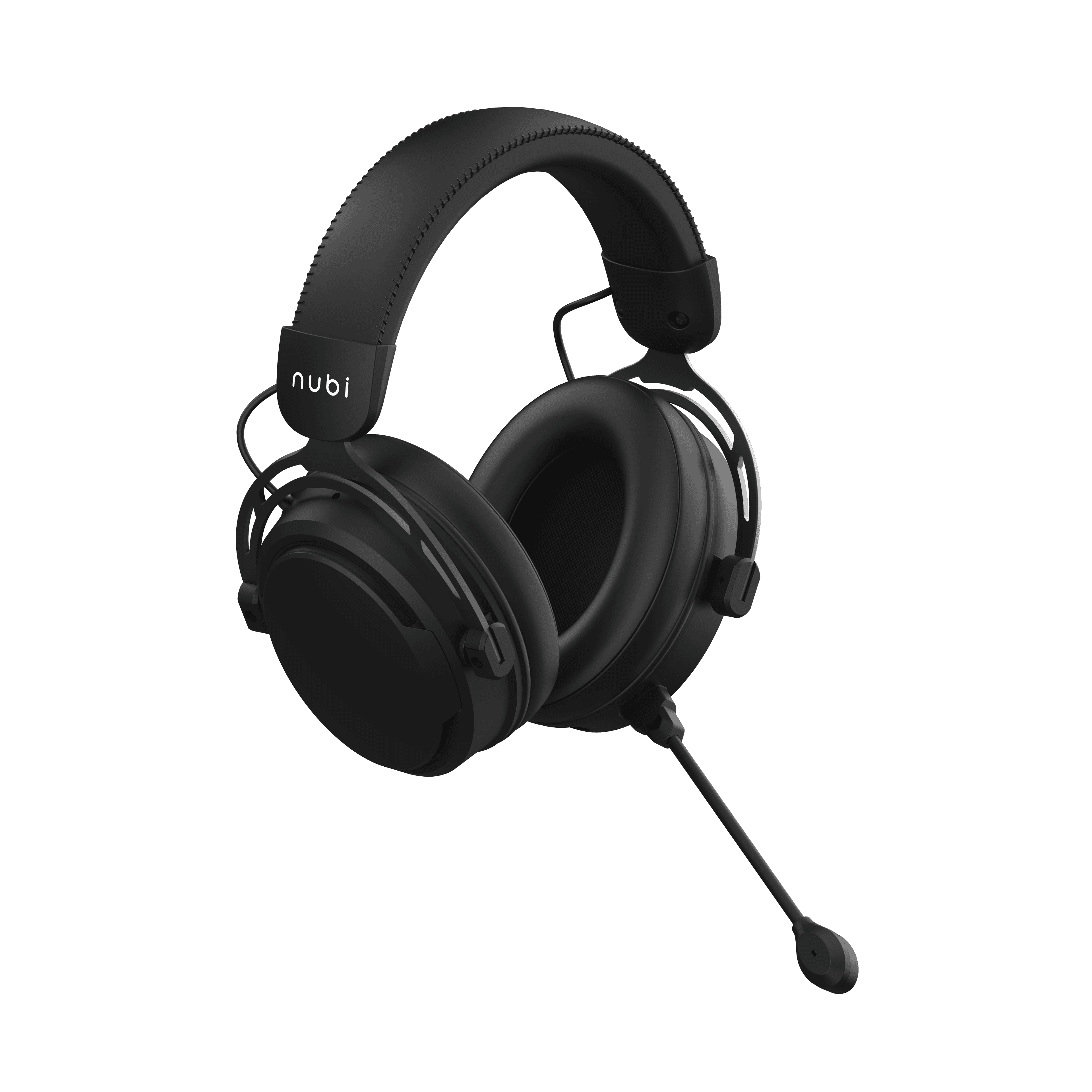 Ein schwarzes Gaming-Headset mit Mikrofon. Der Markenname "nubi" ist sichtbar. Schwarzer Hintergrund.
