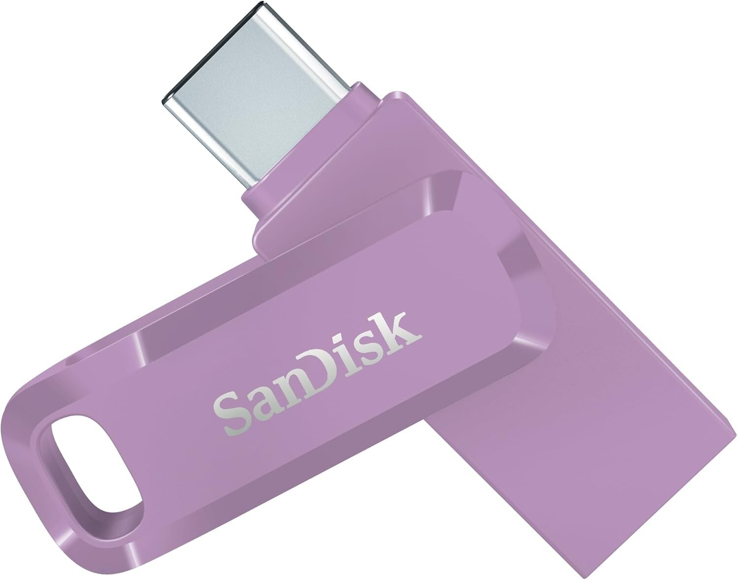 Ein lila SanDisk USB-Stick mit silbernem Anschluss, isoliert auf weißem Hintergrund. Der Markenname ist auf dem Laufwerk zu sehen.