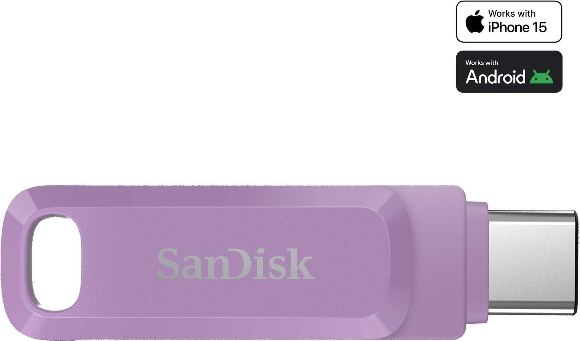 Ein lila SanDisk USB-Laufwerk mit Logos für 'Works with iPhone 15' und 'Works with Android'.