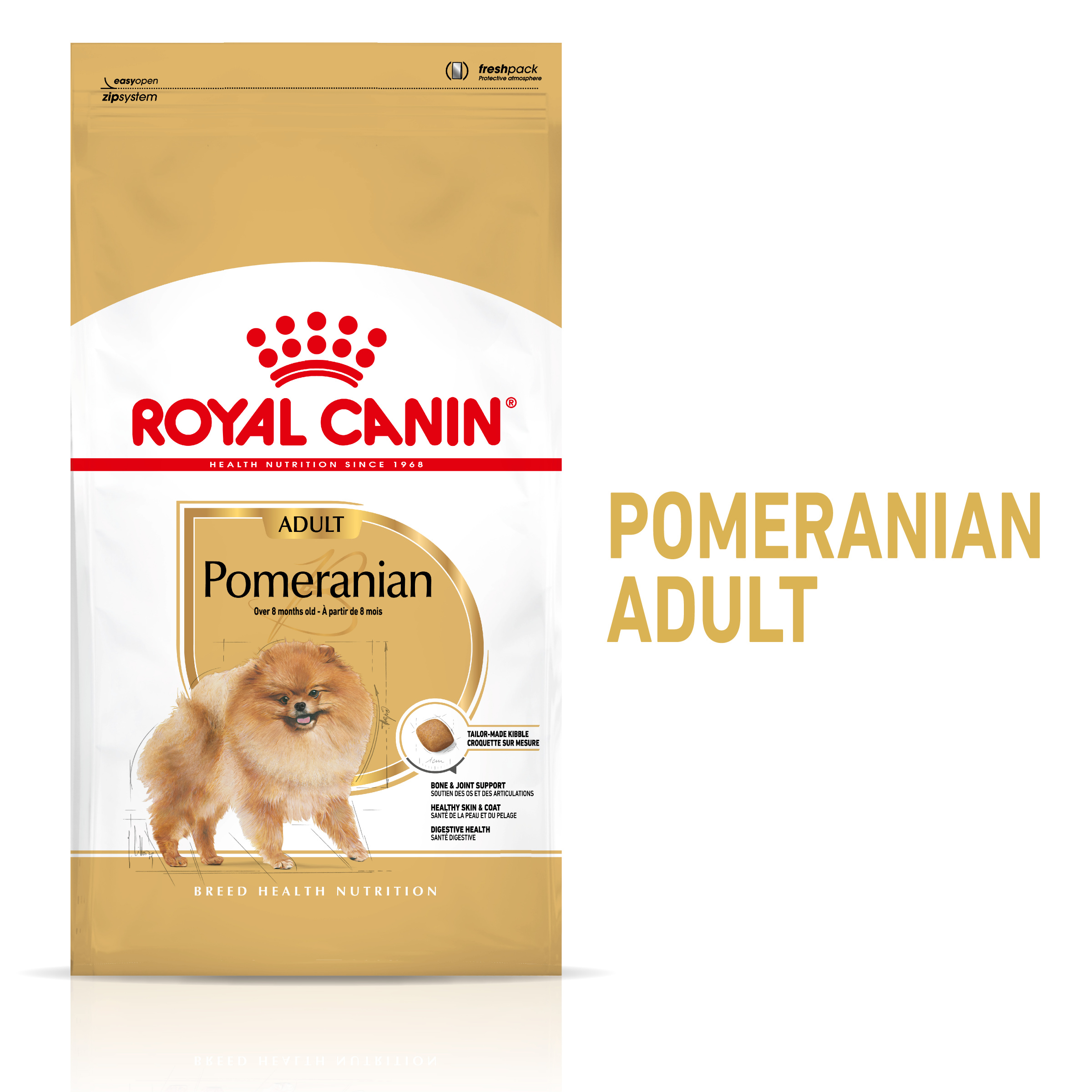 Torba na karmę dla psów ze zdjęciem Pomeraniana. Mówi Royal Canin Pomeranian Adult. Tekst jest po angielsku i francusku.