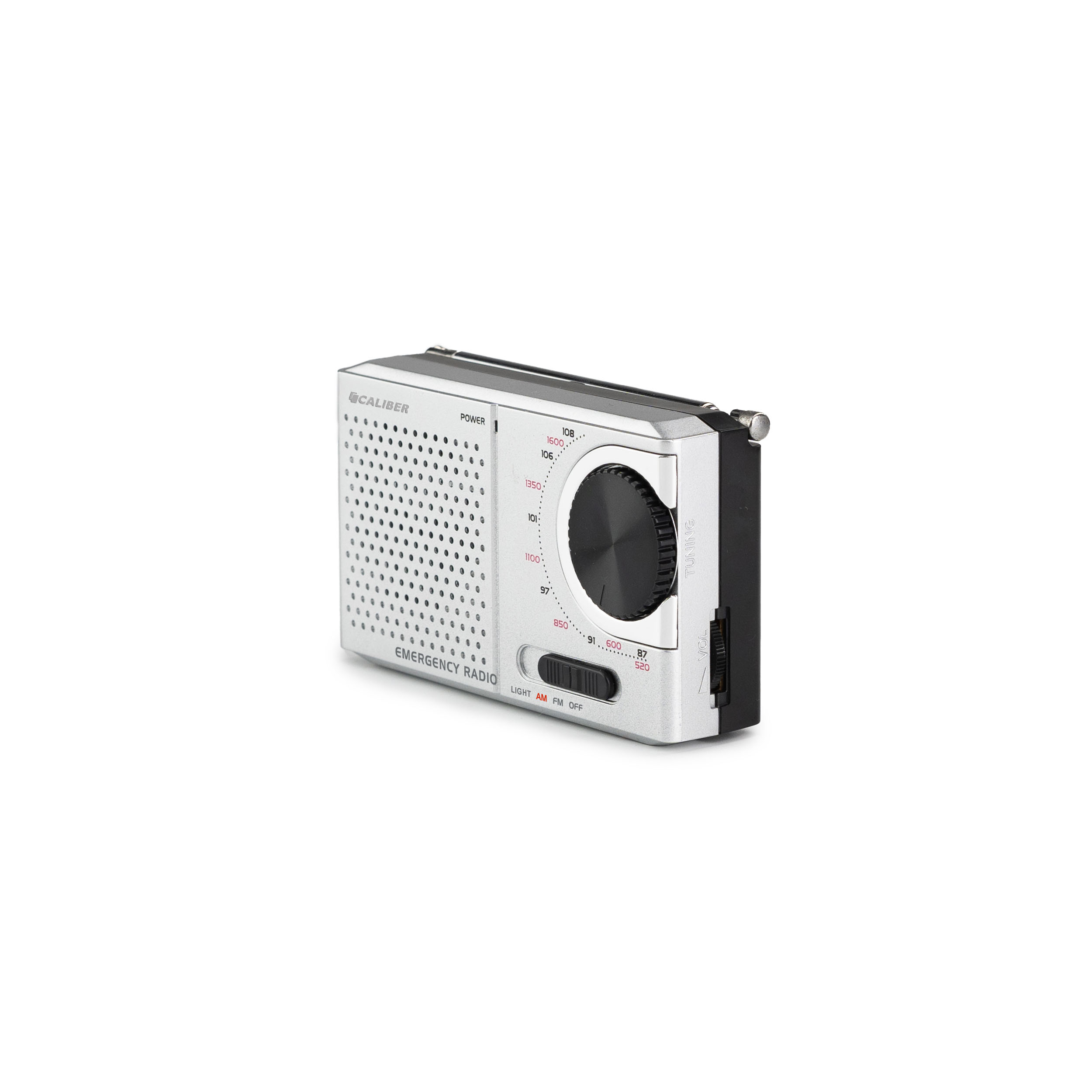 Zilveren noodradio met afstemknop, antenne en knoppen. Met luidspreker en merk CALIBER.