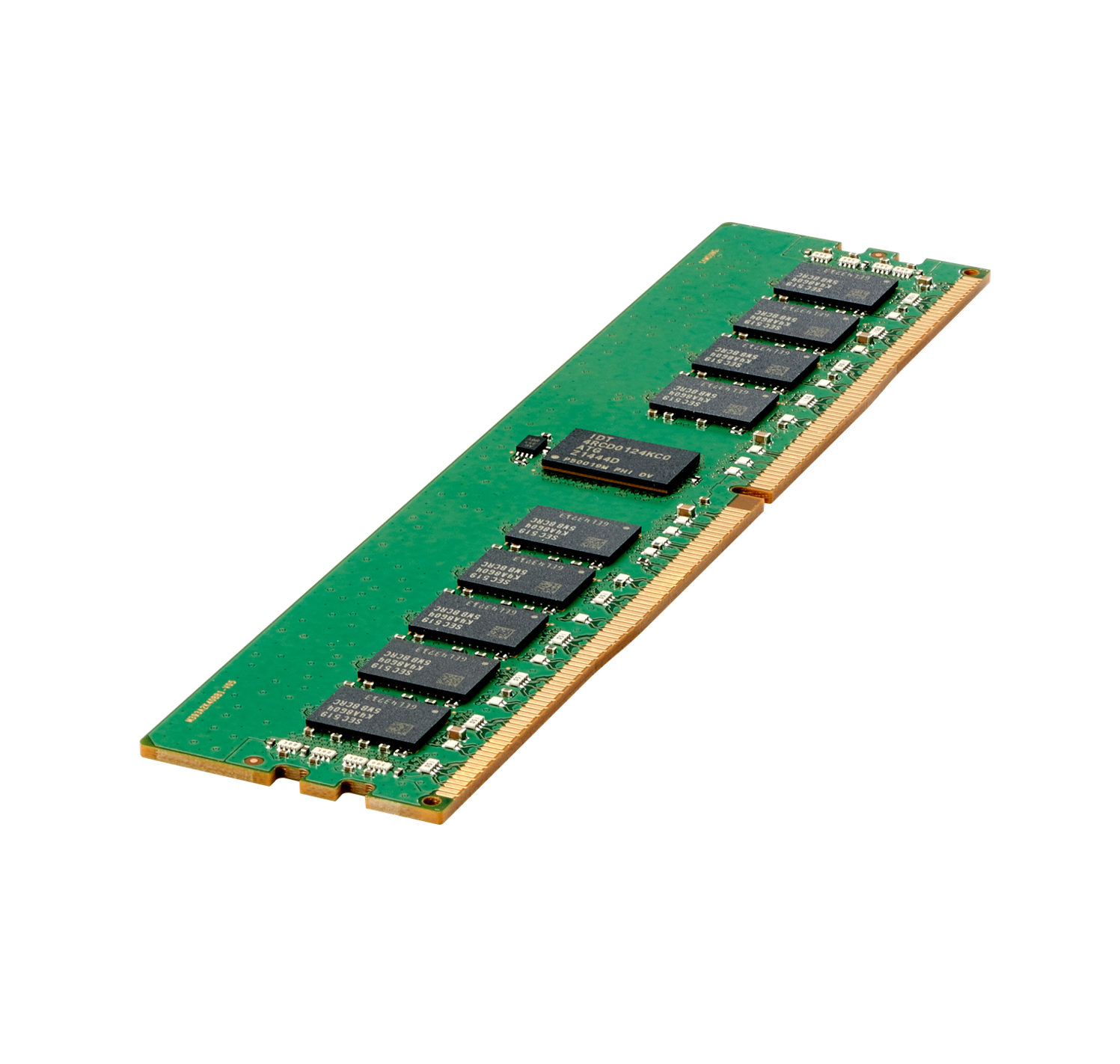 Un modulo RAM verde con chip neri e connettori dorati, isolato su sfondo bianco. Componenti visibili.