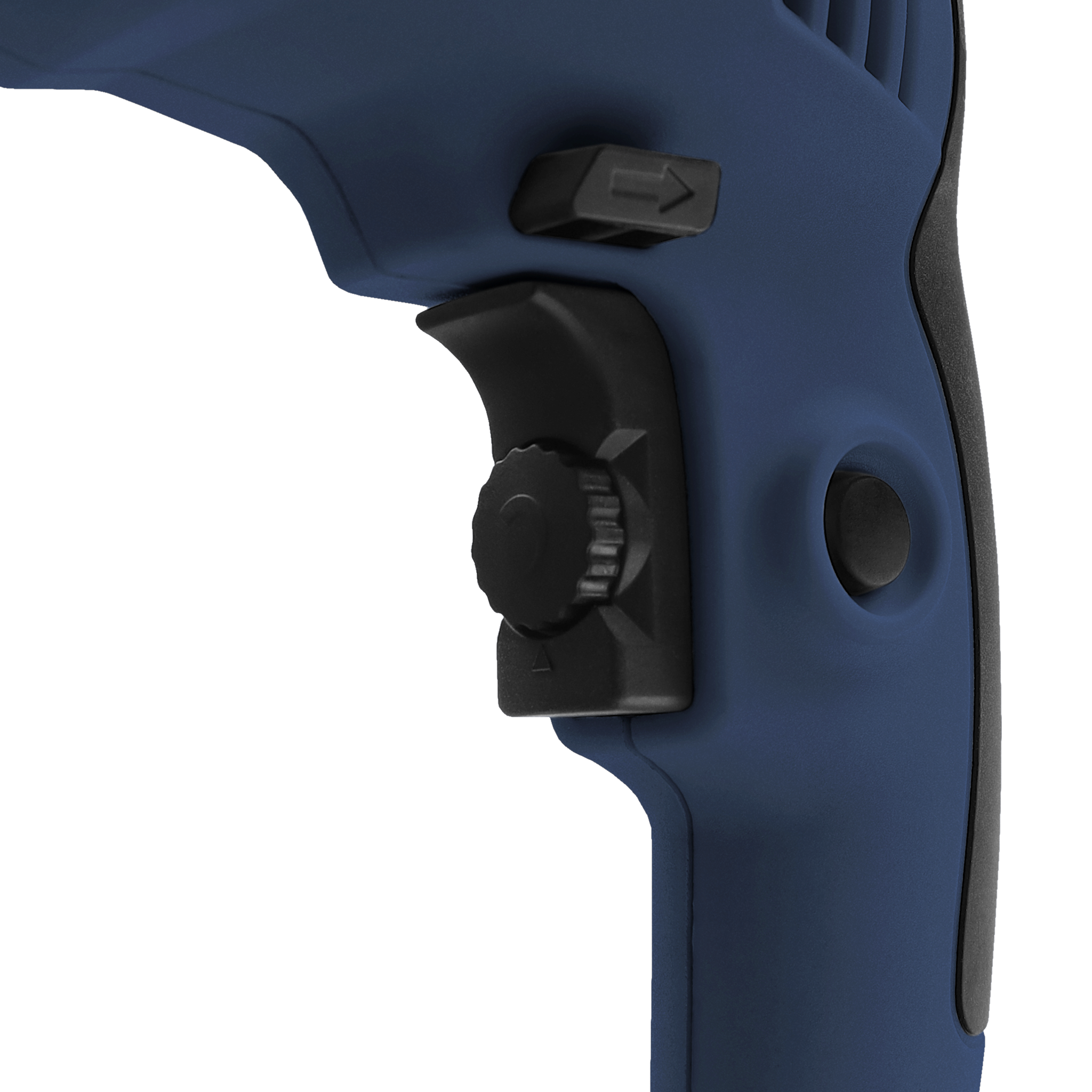 Zbliżenie niebieskiego elektronarzędzia. Widoczne czarne przyciski sterujące. Narzędzie ma teksturowany uchwyt.