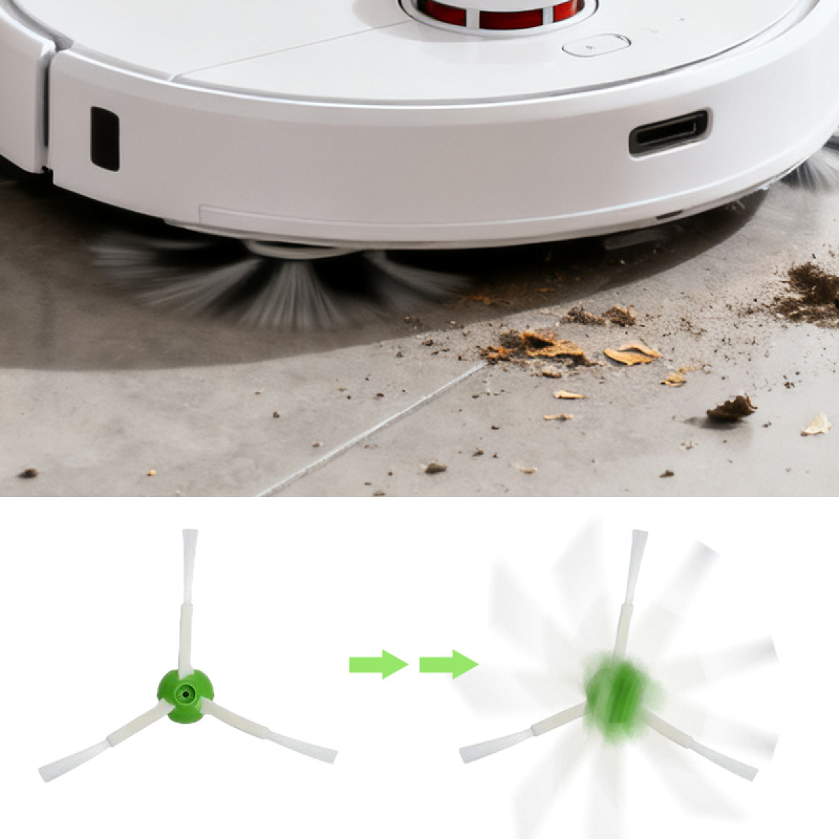 Biały robot odkurzacz czyści podłogę z zanieczyszczeniami. Obraz pokazuje robota, szczotki i schemat ruchu.