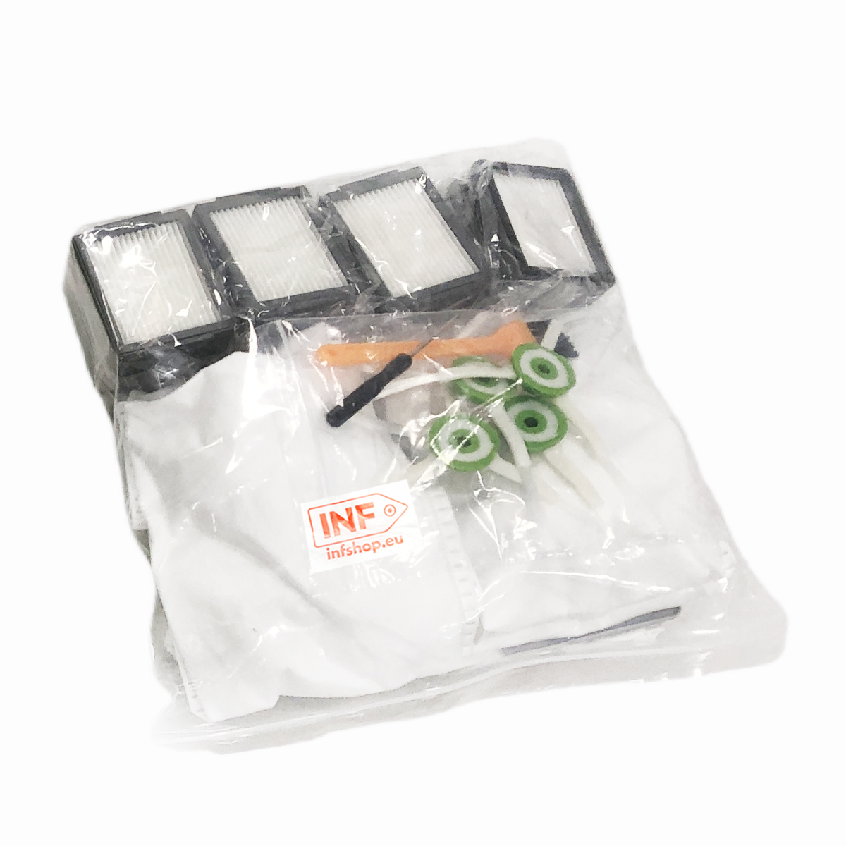 Przezroczysta plastikowa torba zawiera filtry do odkurzacza, szczotki i inne akcesoria. Torba ma czerwoną i białą etykietę.