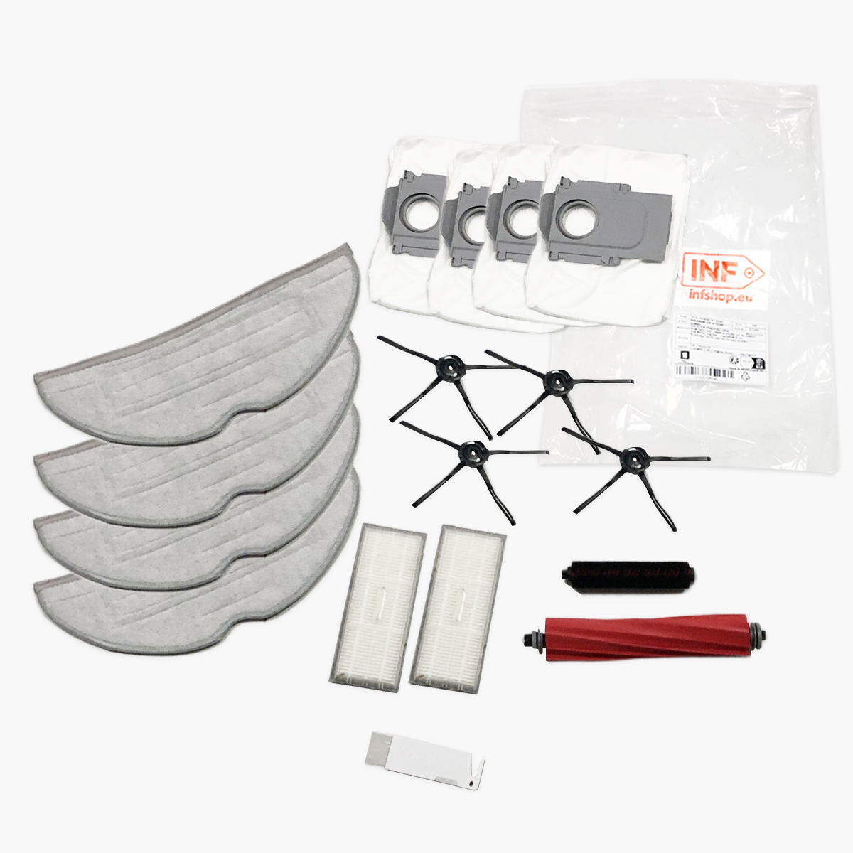 Akcesoria do odkurzacza robota: filtry, szczotki, nakładki, worki na kurz i szczotka główna, wszystko na białym tle.