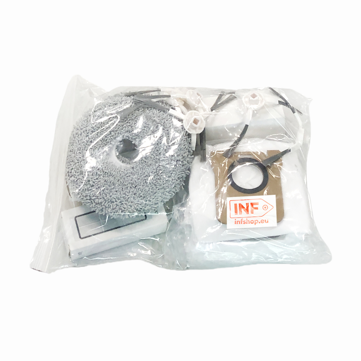 Pakiet akcesoriów do czyszczenia, w tym okrągła szara głowica mopa, biały filtr i inne akcesoria, wszystko w przezroczystej torbie.