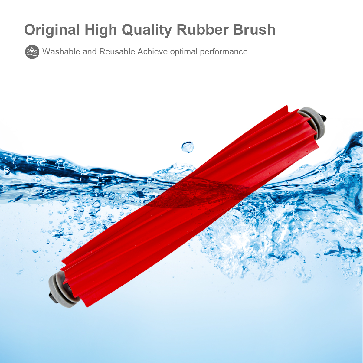 Czerwona gumowa szczotka zanurzona w wodzie. Ma szare końcówki. Pęcherzyki powietrza widoczne w niebieskiej wodzie tworzą dynamiczne tło.
