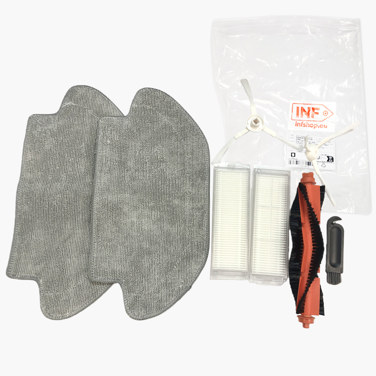 Części robota sprzątającego: dwa szare mopy, filtry, szczotka, szczotki boczne i narzędzie do czyszczenia, wszystko na białym tle.