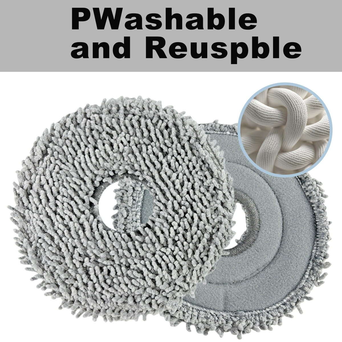Dwie szare, okrągłe, wielokrotnego użytku nakładki do mopa. Jedna jest rozmytą, druga gładka. Zbliżenie pokazuje białe, tkane włókna.