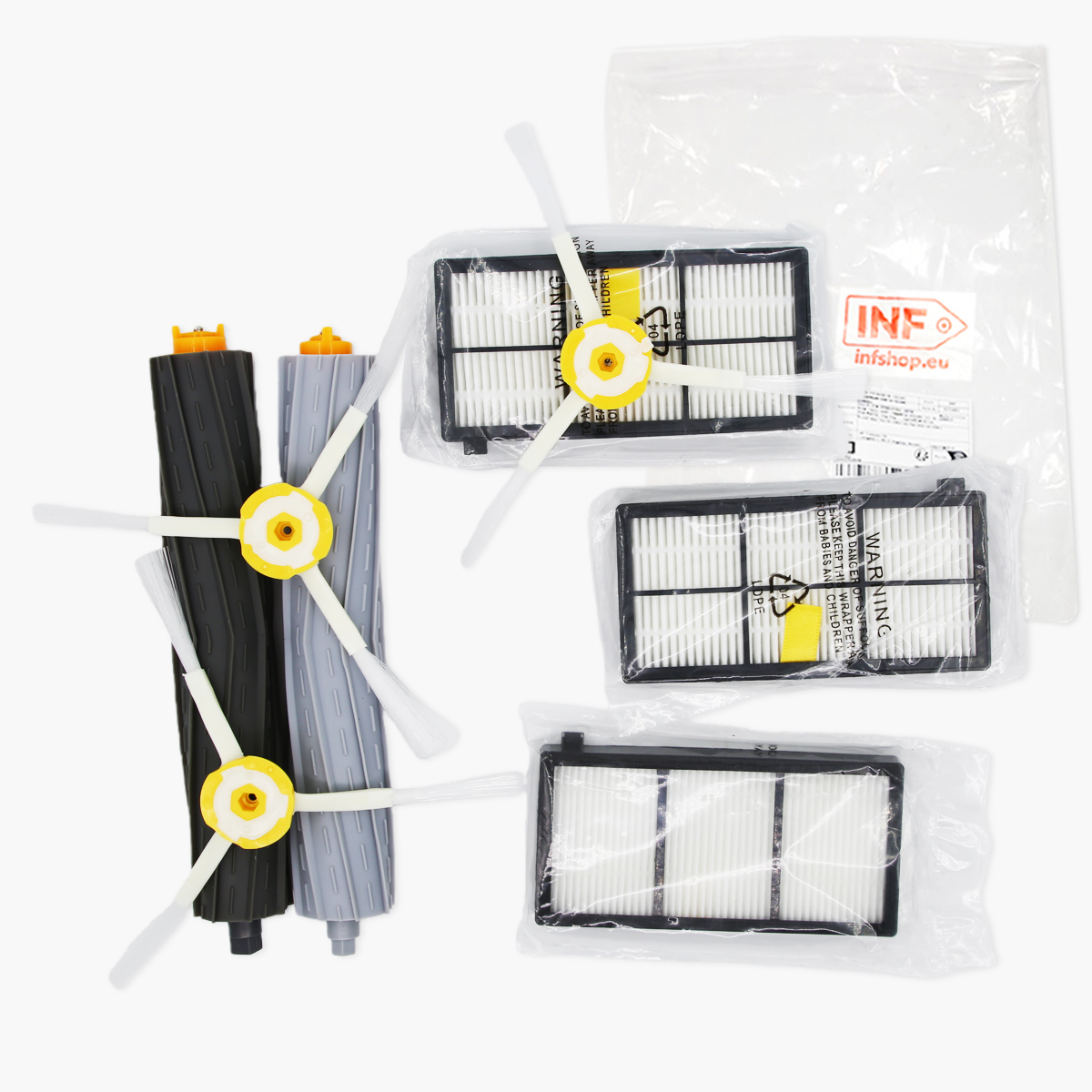 Części do robota sprzątającego: szczotki, filtry i plastikowa torba, wszystko na białym tle.