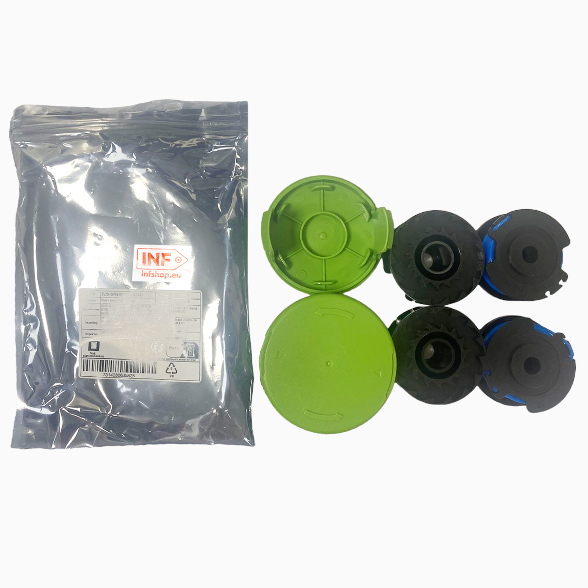 Eine Packung, zwei grüne Deckel und vier schwarze und blaue Trimmerspulen liegen auf einer weißen Oberfläche.
