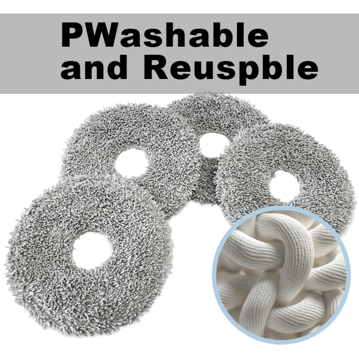 Cztery szare, okrągłe nakładki do mopa z centralnym otworem, z napisem „PWashable and Reusable”. Zbliżenie pokazuje białą tkaninę.