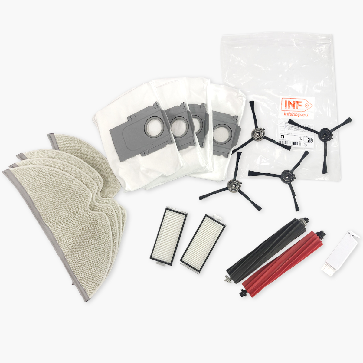 Części do robota sprzątającego: filtry, szczotki, nakładki i worki na kurz. Wszystko na białym tle.