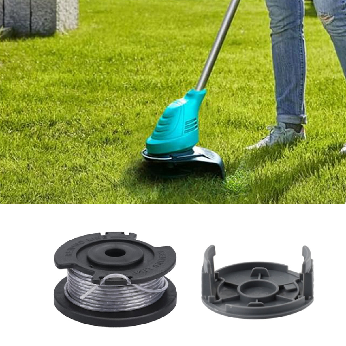 Eine Person benutzt einen teal-farbenen und schwarzen Fadentrimmer auf einem grasbewachsenen Rasen. Zwei Teile des Trimmers auf weißem Hintergrund.