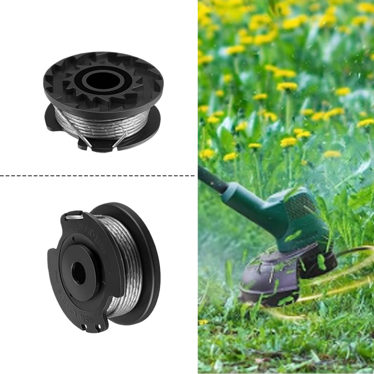 Das Bild zeigt einen Fadentrimmer und zwei Trimmerspulen. Der Trimmer schneidet Gras in einem Feld mit gelben Blumen.