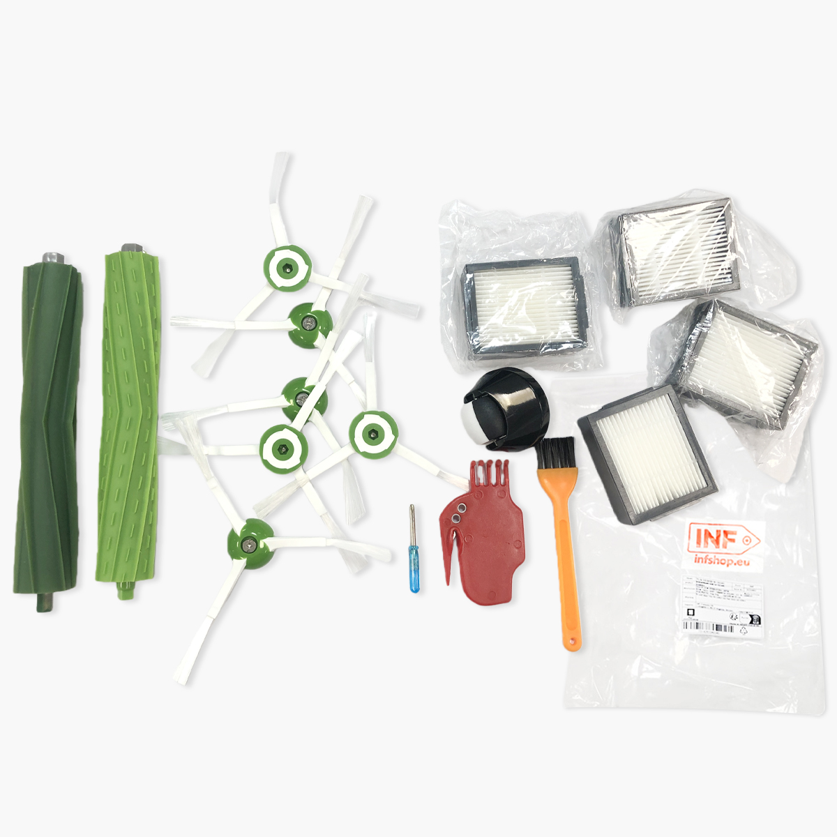 Części robota sprzątającego: szczotki, filtry, śrubokręt, narzędzia do czyszczenia i torba z tekstem.