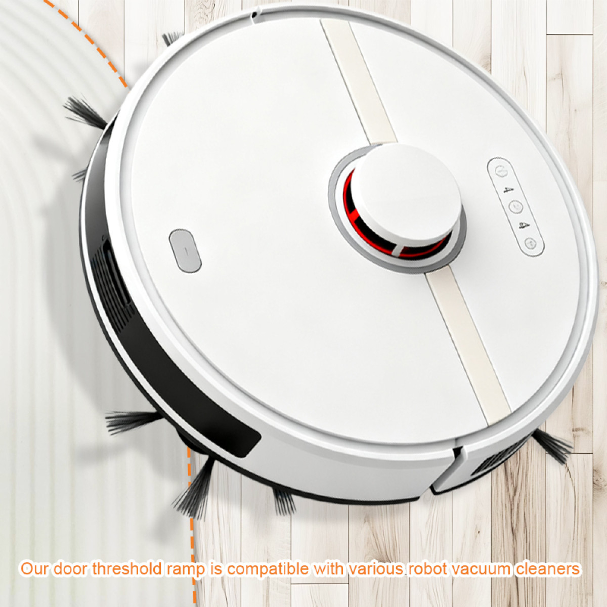 Biały robot odkurzający na drewnianej podłodze. Robot ma szczotki i przyciski. Tekst mówi, że jest kompatybilny.