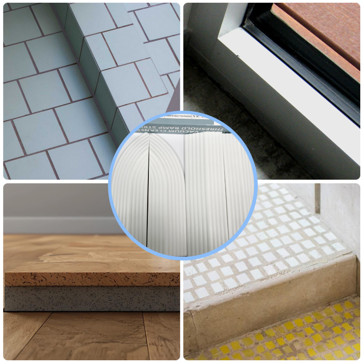 Cztery zdjęcia przedstawiają zbliżenia detali architektonicznych: schody z płytek, rama okienna, warstwy podłogi i schody z płytek z żółtymi płytkami.