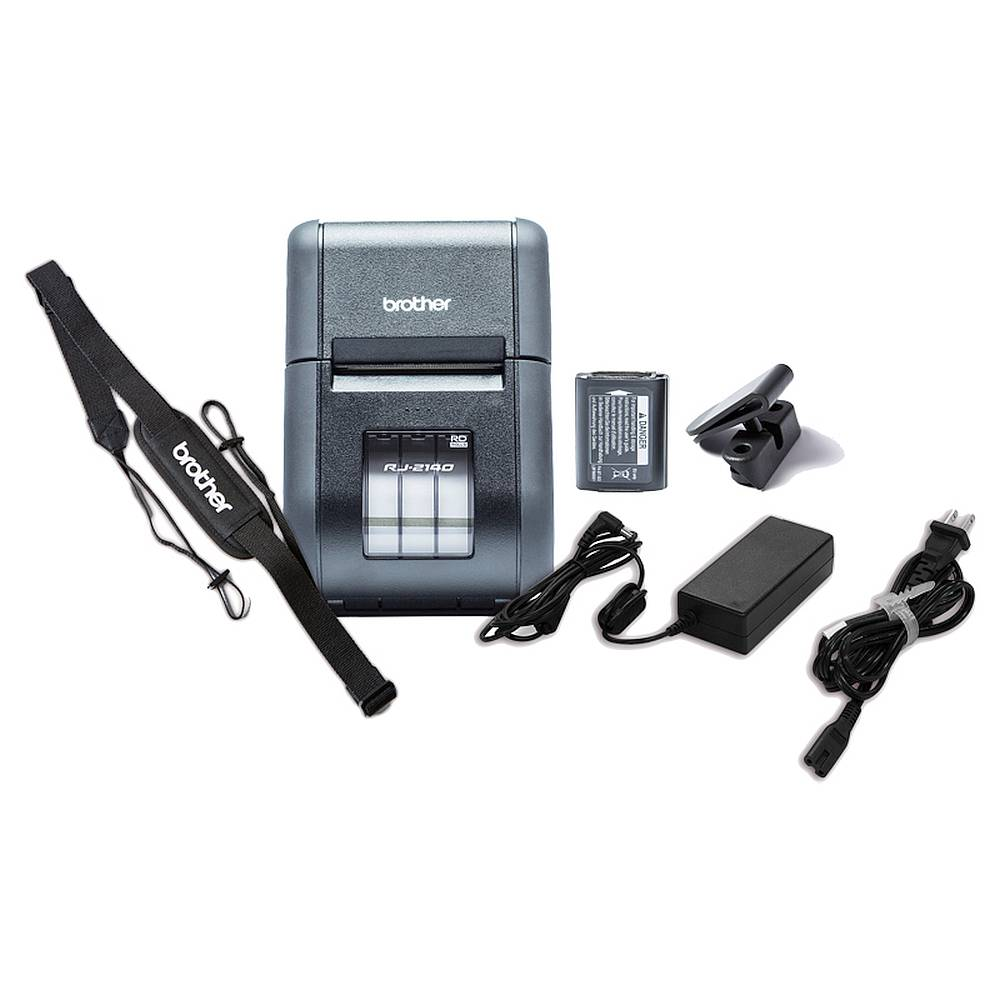 Una stampante Brother RJ-2140 con accessori: batteria, adattatore, tracolla e cavi su sfondo bianco.