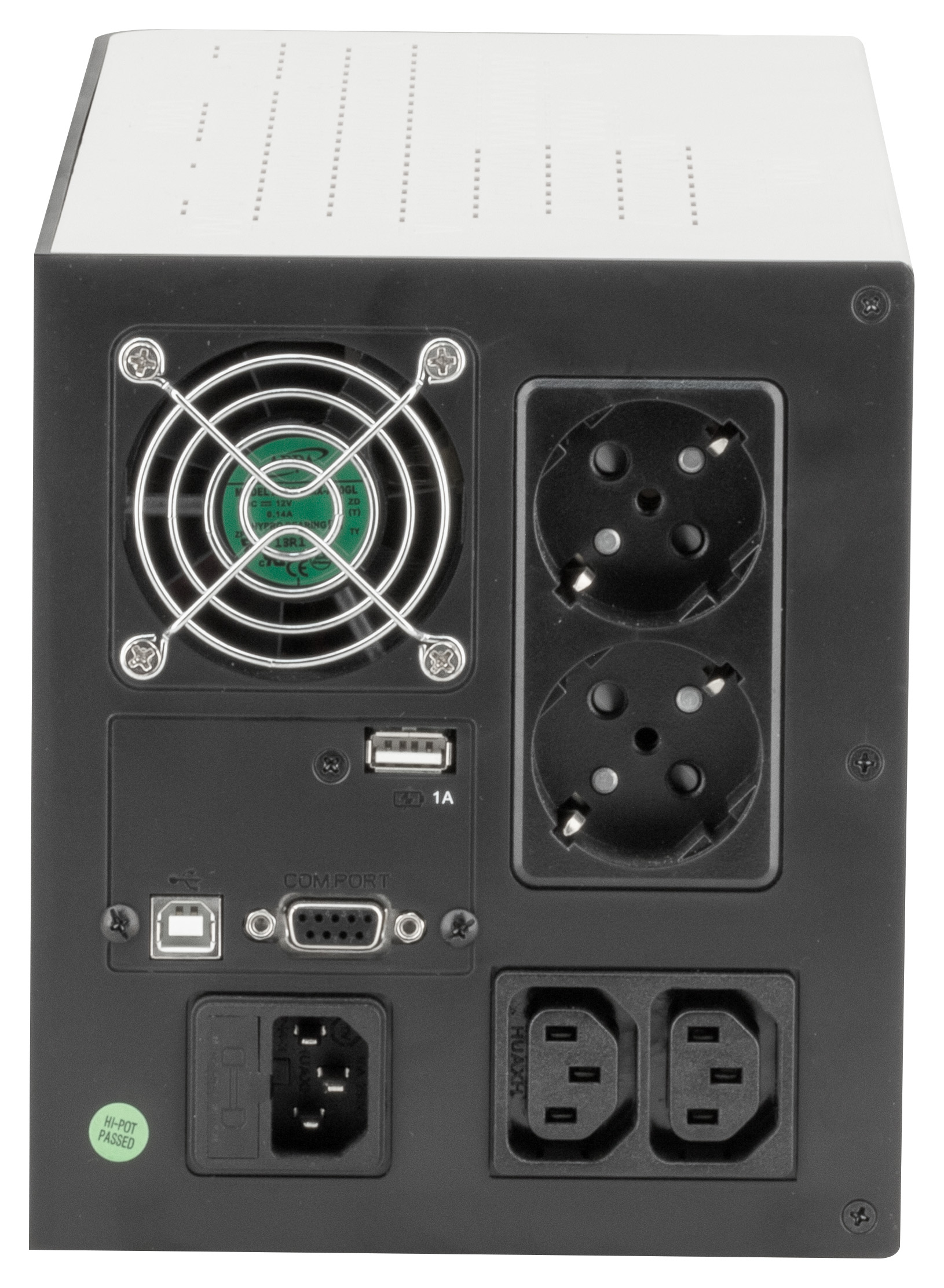 Vista posteriore di un dispositivo UPS nero con varie porte, una ventola e prese di corrente. Un adesivo verde recita 'HI-POT PASSED'.