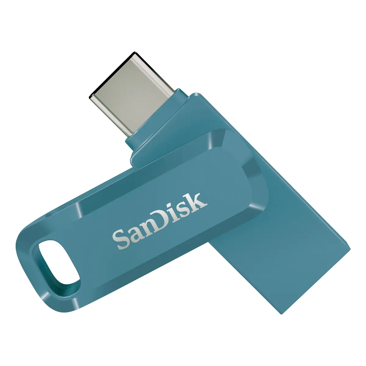 Una chiavetta USB turchese con connettore argentato. Il marchio 'SanDisk' è sull'unità. È su sfondo bianco.