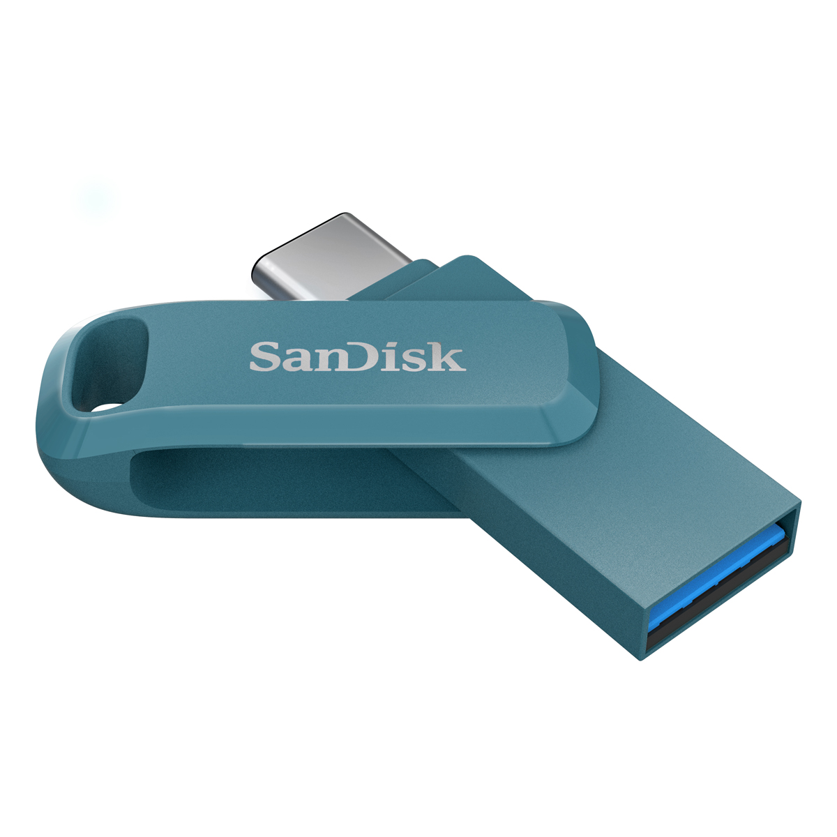 Una chiavetta USB SanDisk verde acqua. Ha un connettore USB-C argentato. Il logo Sandisk è visibile. Lo sfondo è bianco.