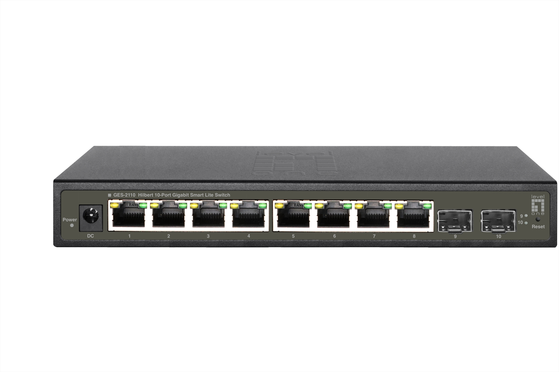 Un switch LevelOne GES-2110 noir 10 ports Gigabit Smart Lite. Il a des ports, des lumières et des étiquettes pour l'alimentation et la réinitialisation.