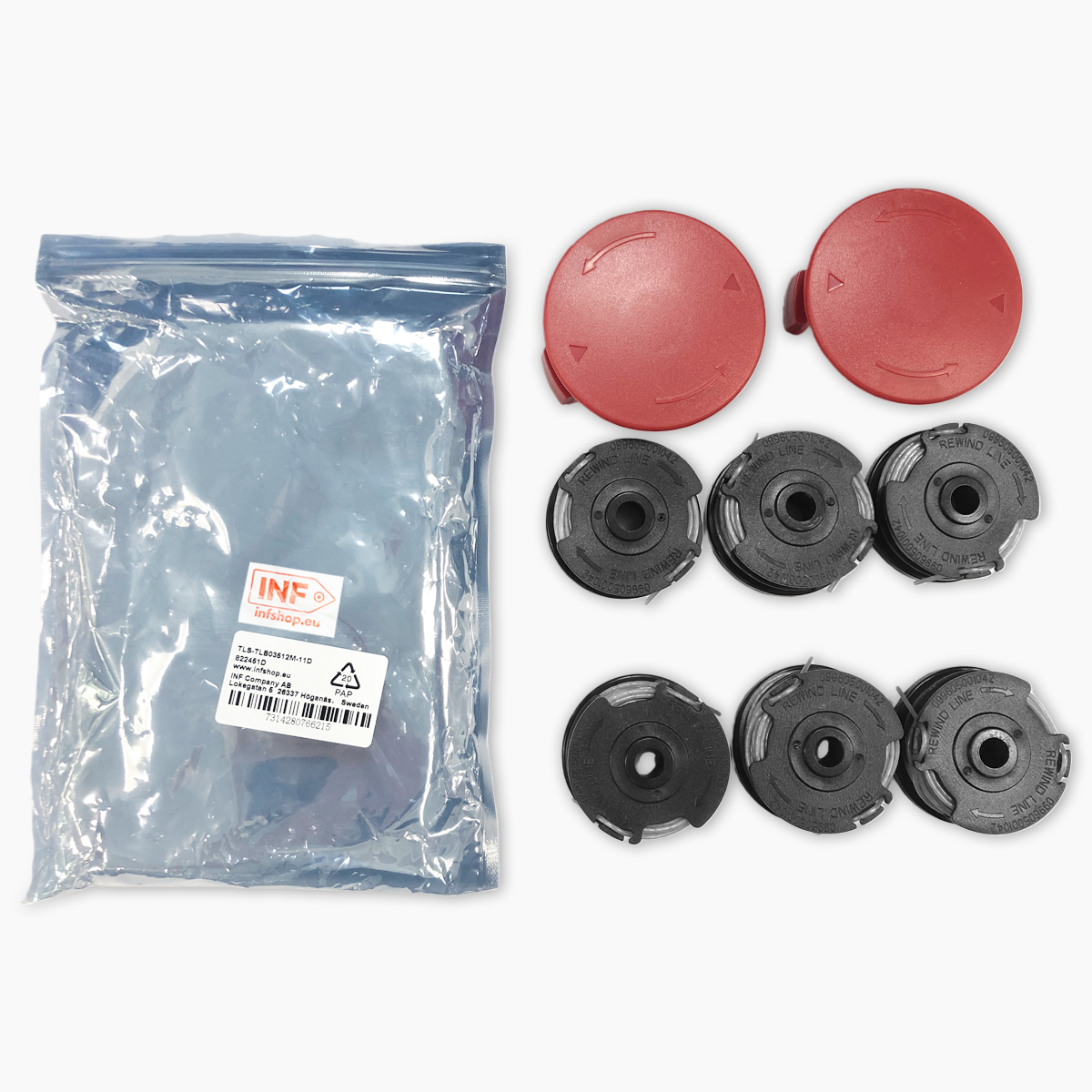 Das Bild zeigt rote Trimmerköpfe und schwarze Spulen, eine Plastiktüte mit Etikett, auf weißem Untergrund.