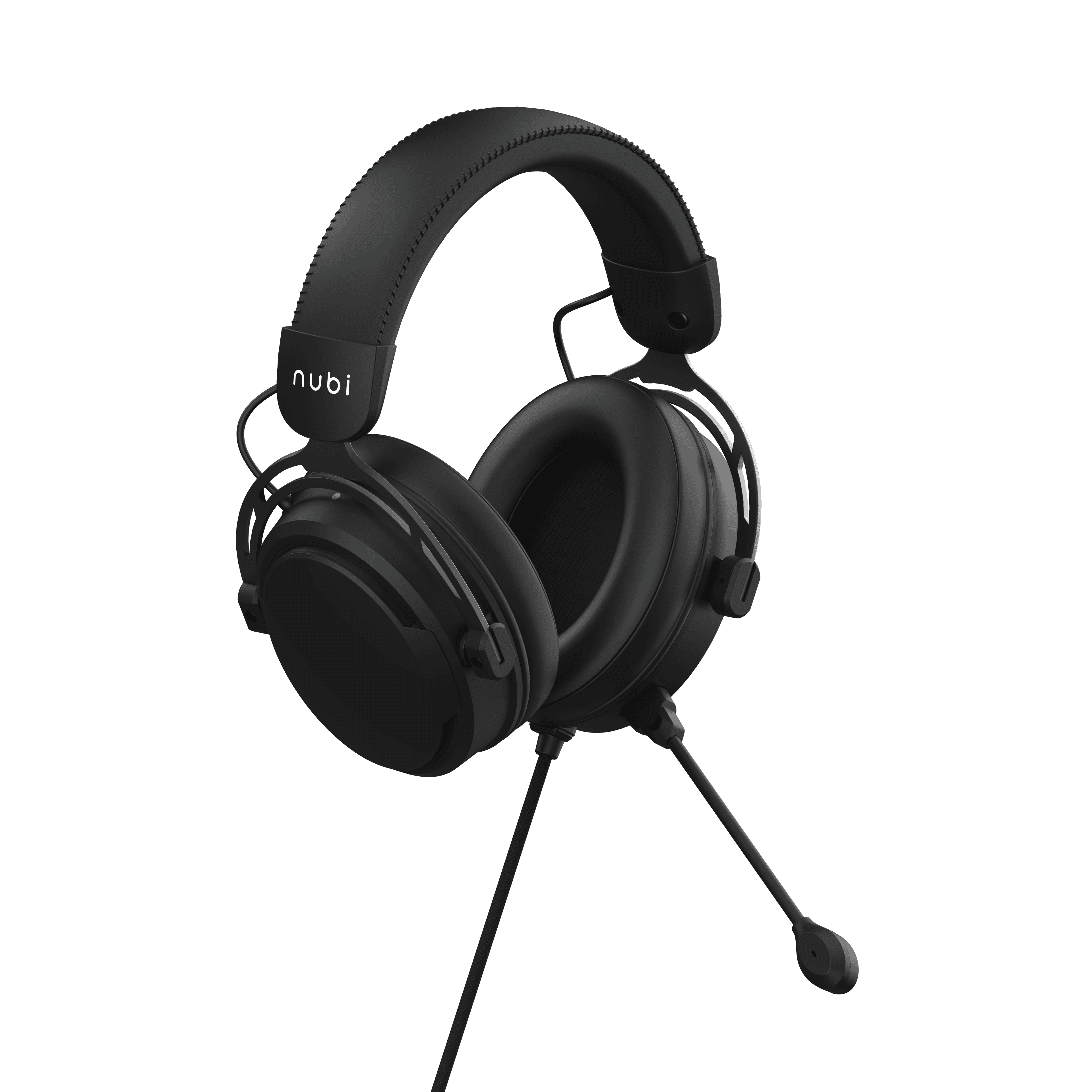 Schwarzes Headset mit Mikrofon vor schwarzem Hintergrund. Der Markenname 'nubi' ist sichtbar.