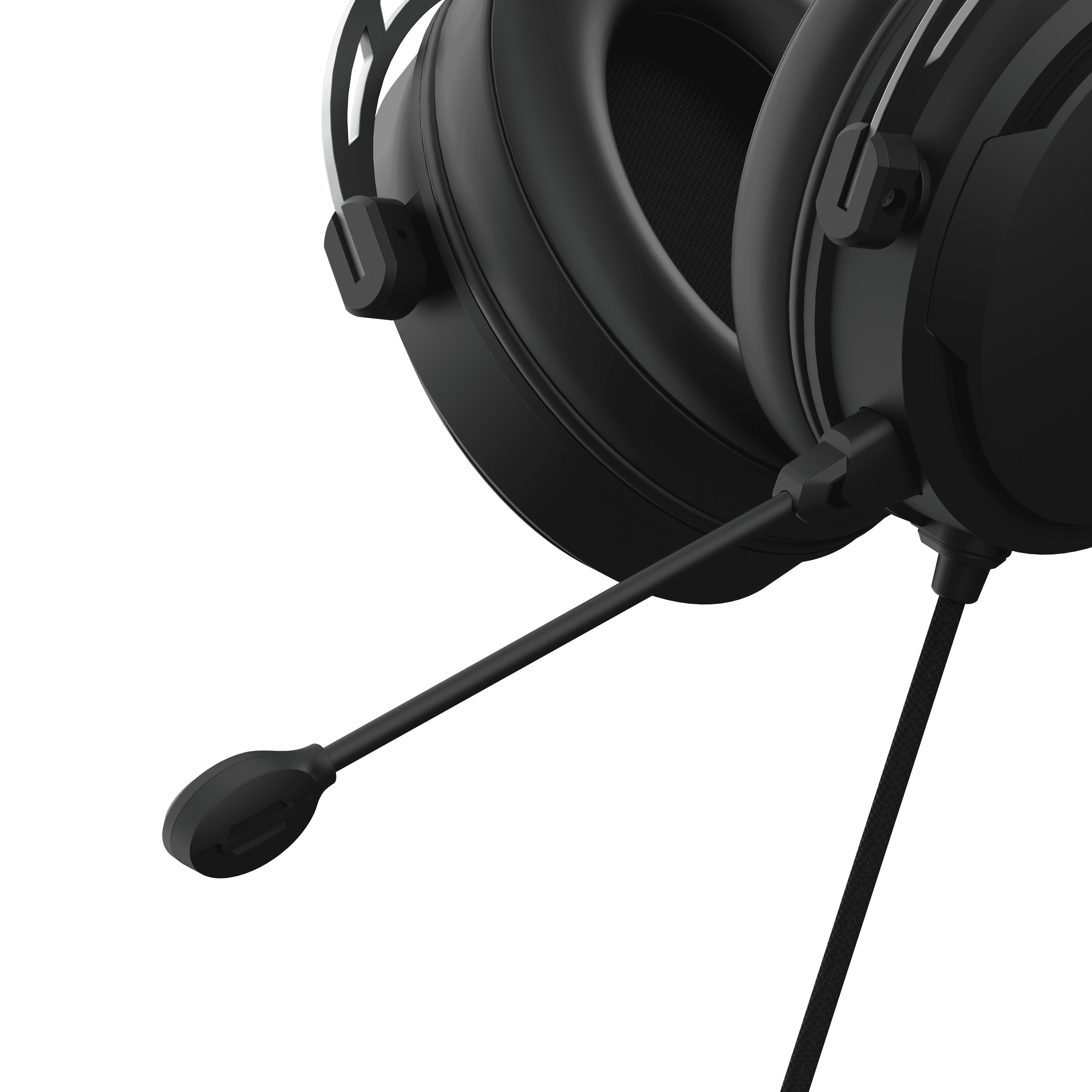 Nahaufnahme eines schwarzen Headsets mit Mikrofon. Der Hintergrund ist tiefschwarz. Das Headset ist modern und elegant.