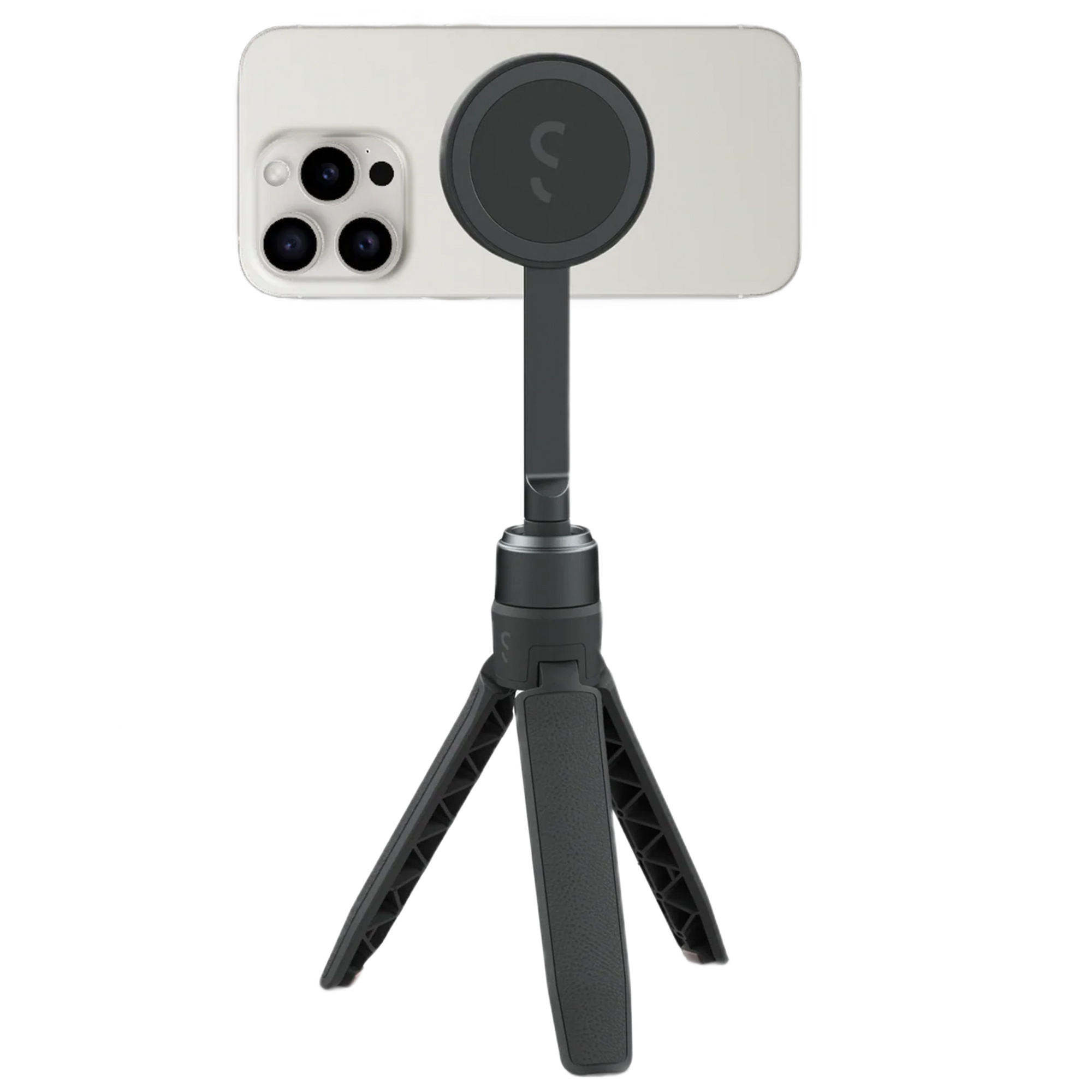Bir tripod üzerinde bir telefon. Telefon beyaz, siyah kamera lensli. Tripod siyah ve üç bacağı var.