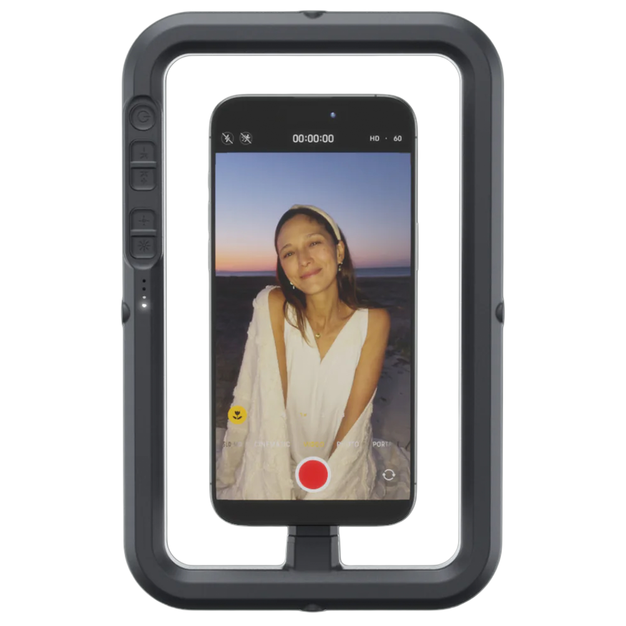 Bir videoyu çeken bir kadını gösteren bir telefon, düğmeli koyu gri bir çerçevede.