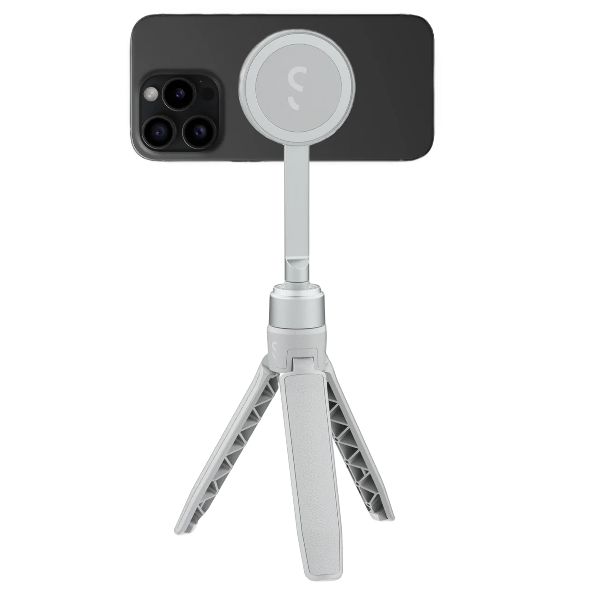 Beyaz bir tripoda takılı bir akıllı telefon. Telefon siyah, tripod üç bacaklı gri renkte.