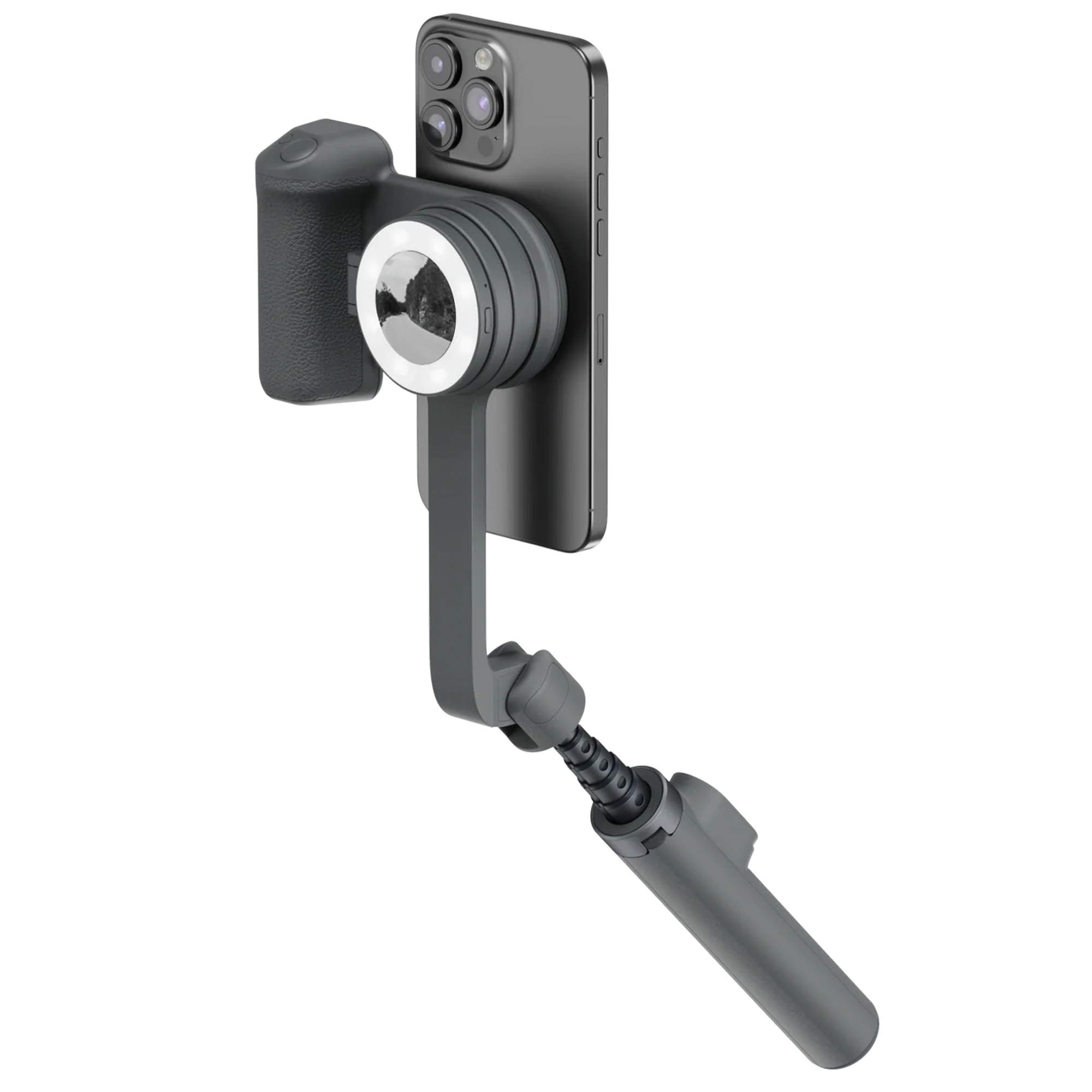 Gri renkli bir telefon, gri bir gimbal üzerine monte edilmiş. Gimbal, telefon kamerasının etrafında bir ışık halkasına sahip.