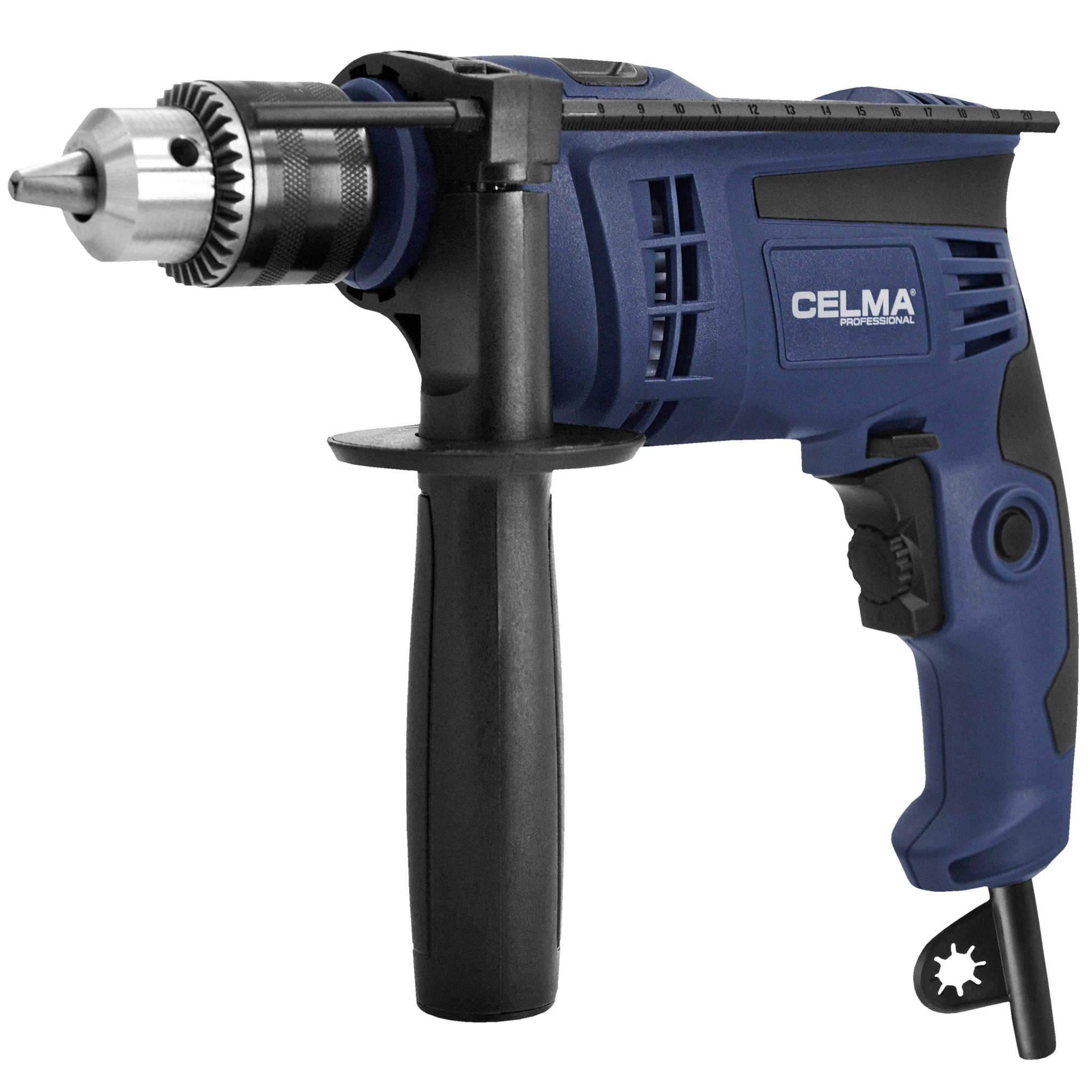 Wyświetlany jest niebiesko-czarny wiertło elektryczne. Ma srebrny wiertło i czarny uchwyt.